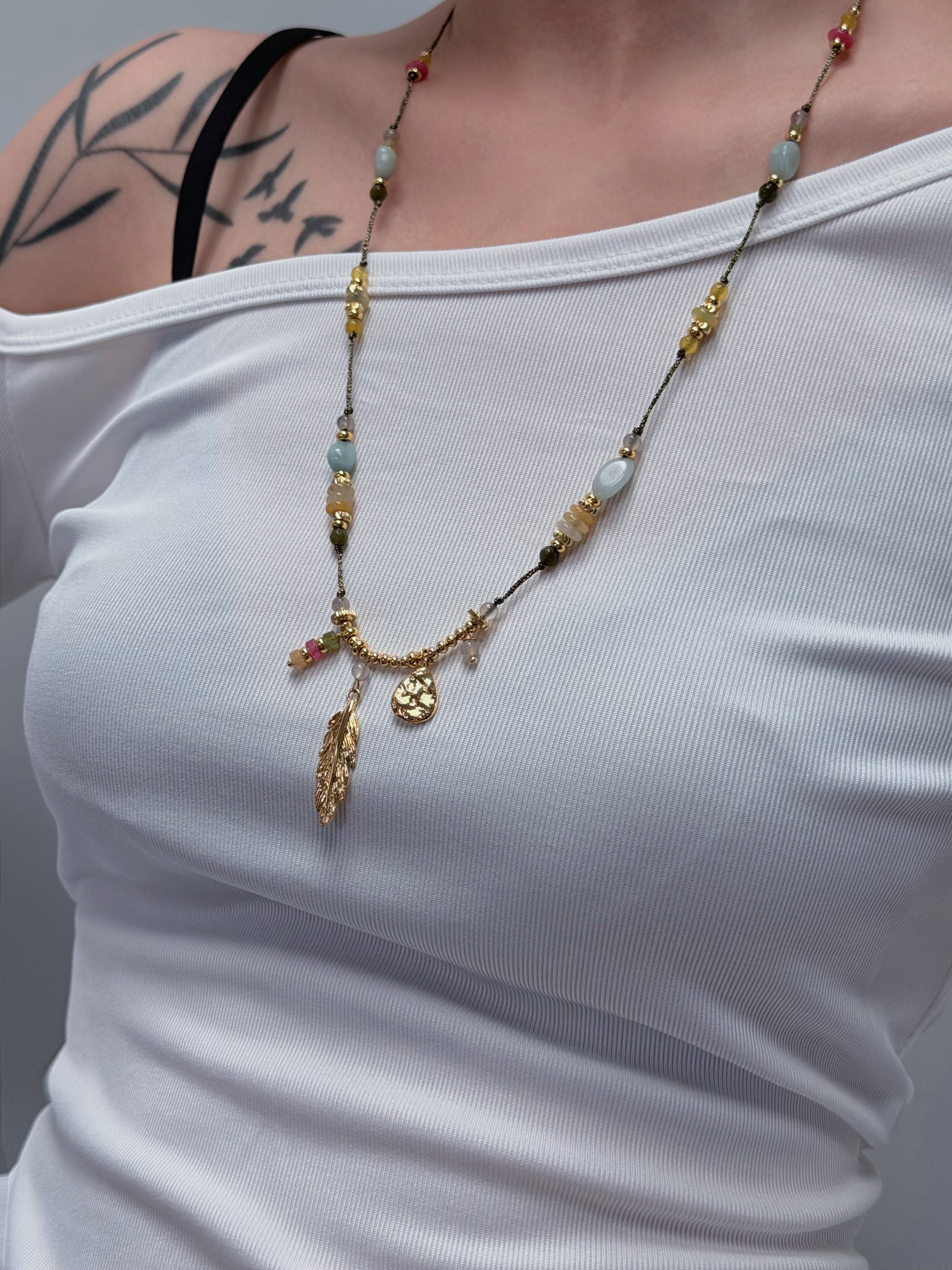 TT original-necklace-Bohemian Gold Feather Long Necklace | Vacation Ethnic Style | Casual Denim Outfit | Handmade Knitting | Niche Beaded Jewelry | Music Festival Outfit