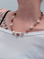 TT original-necklace-Two-tone beaded pearl necklace | Warm brown-red oval beads paired with gold wire-wrapped pearls | Women's style with extension chain
