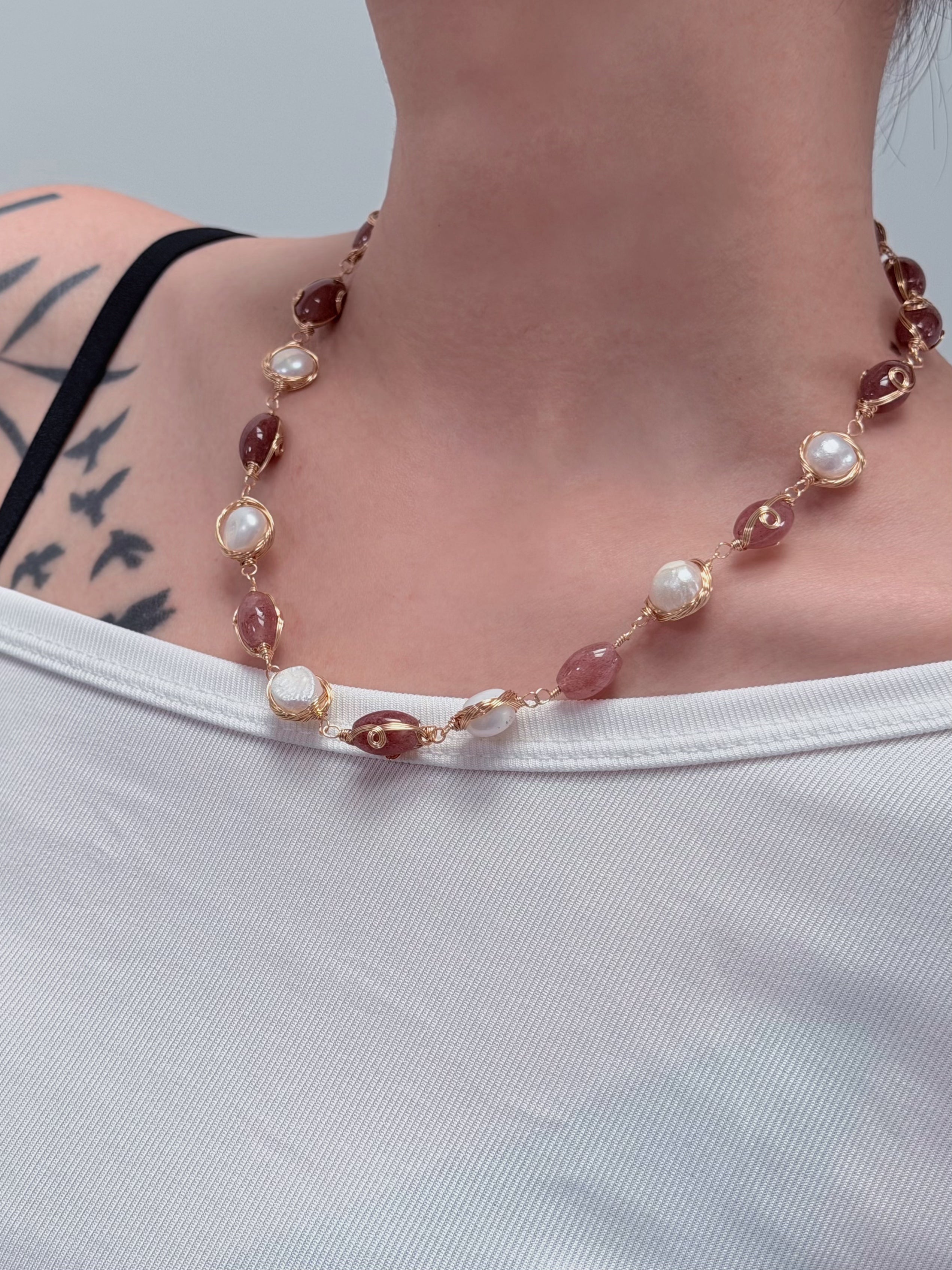 TT original-necklace-Two-tone beaded pearl necklace | Warm brown-red oval beads paired with gold wire-wrapped pearls | Women's style with extension chain