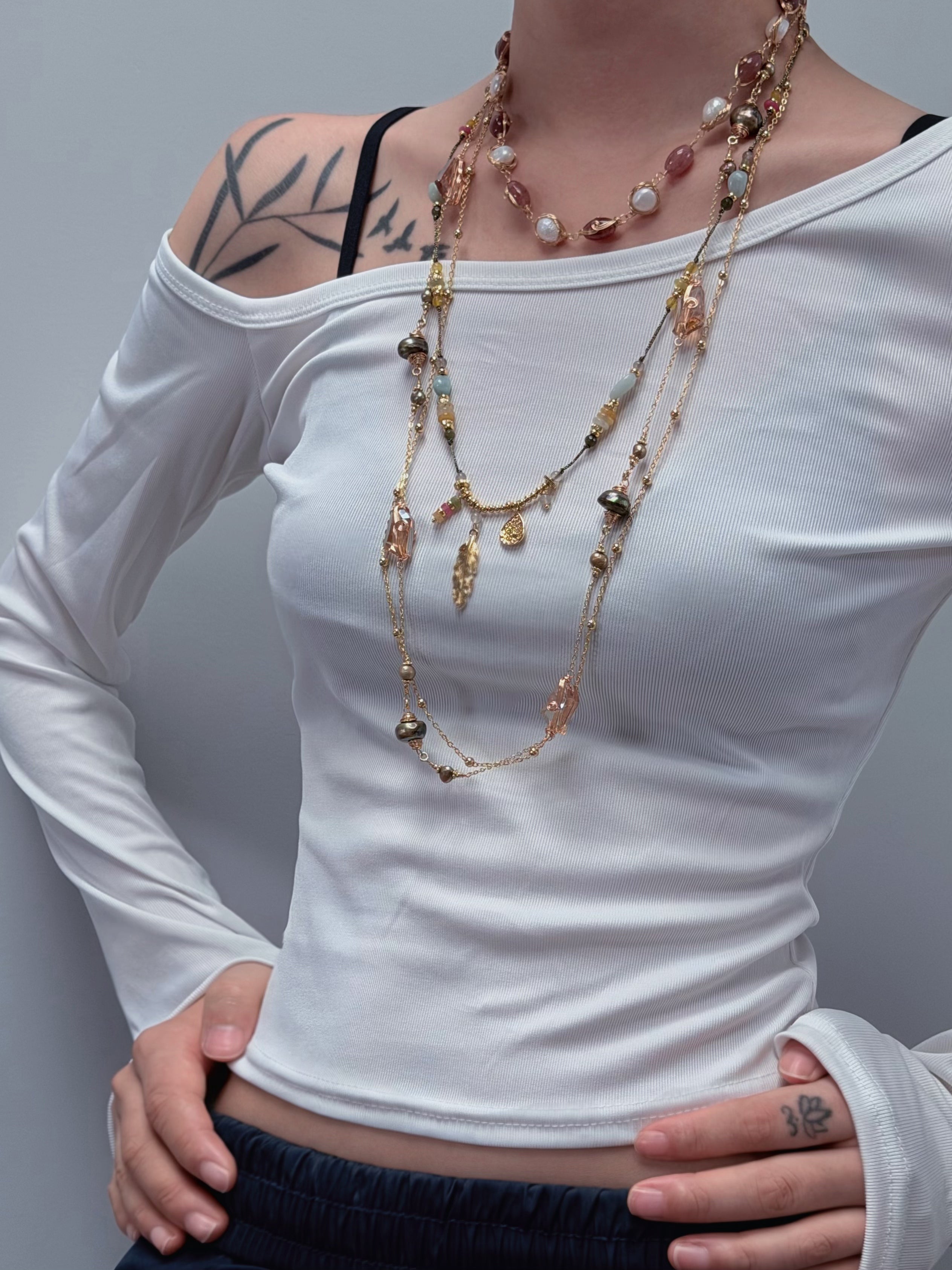 TT original-necklace-Two-tone beaded pearl necklace | Warm brown-red oval beads paired with gold wire-wrapped pearls | Women's style with extension chain