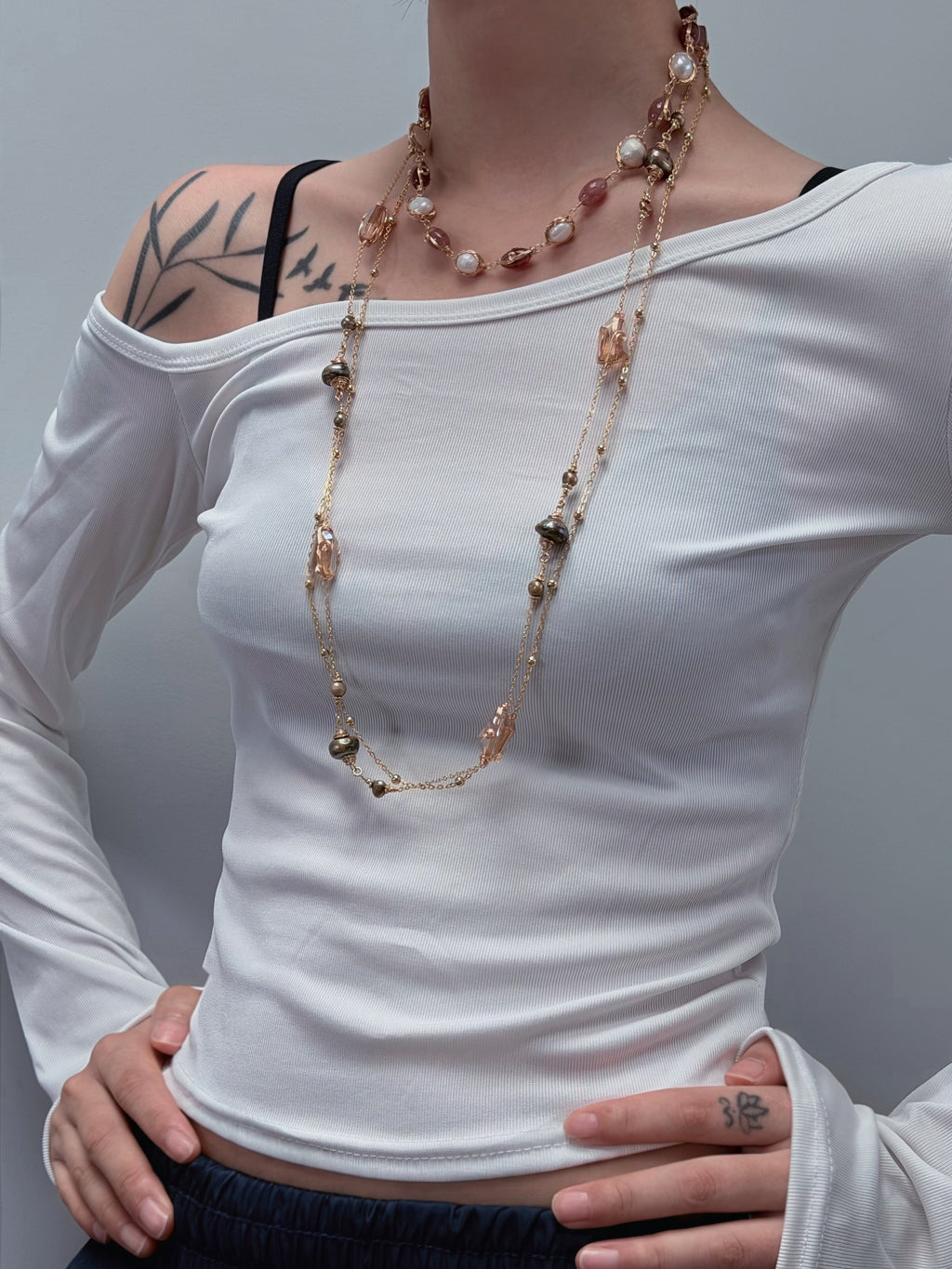 TT original-necklace-Two-tone beaded pearl necklace | Warm brown-red oval beads paired with gold wire-wrapped pearls | Women's style with extension chain