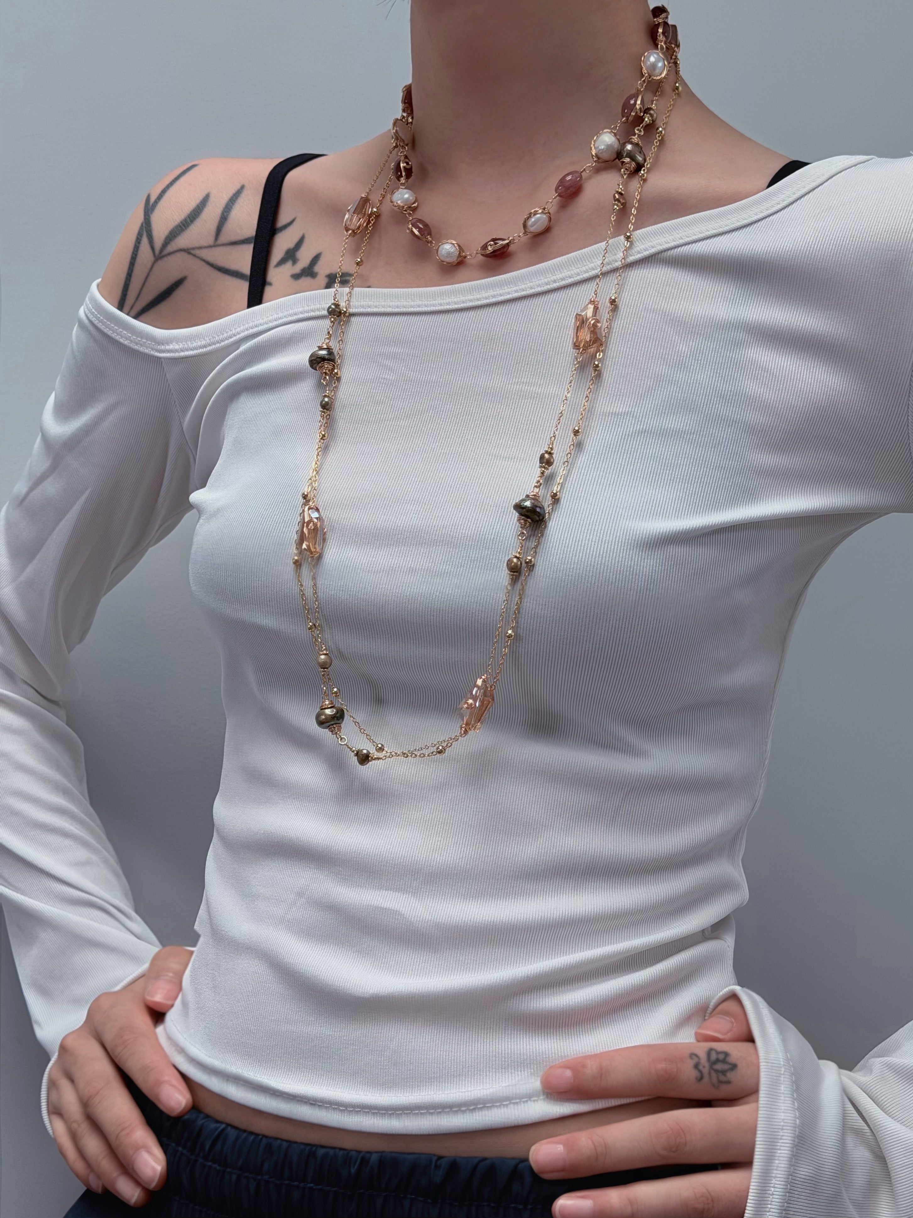 TT original-necklace-Vintage Bohemian style multi-layered handmade gold bead necklace | Champagne-colored crystal and pearl necklace set | Perfect for evening gowns