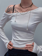 TT original-necklace-Black crystal natural baroque pearl pendant | Long necklace, sweater chain, Y-shaped chain | Exquisite double-layered necklace | High-end, sophisticated, and cool style