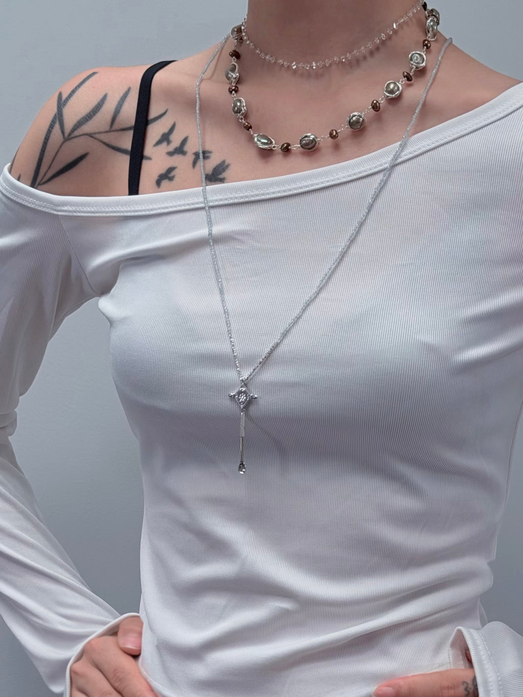 TT original-necklace-Black and silver long layered necklace | Vintage luxury long chain necklace | Natural crystal | Semi-transparent gray beads | Diamond-shaped pendant
