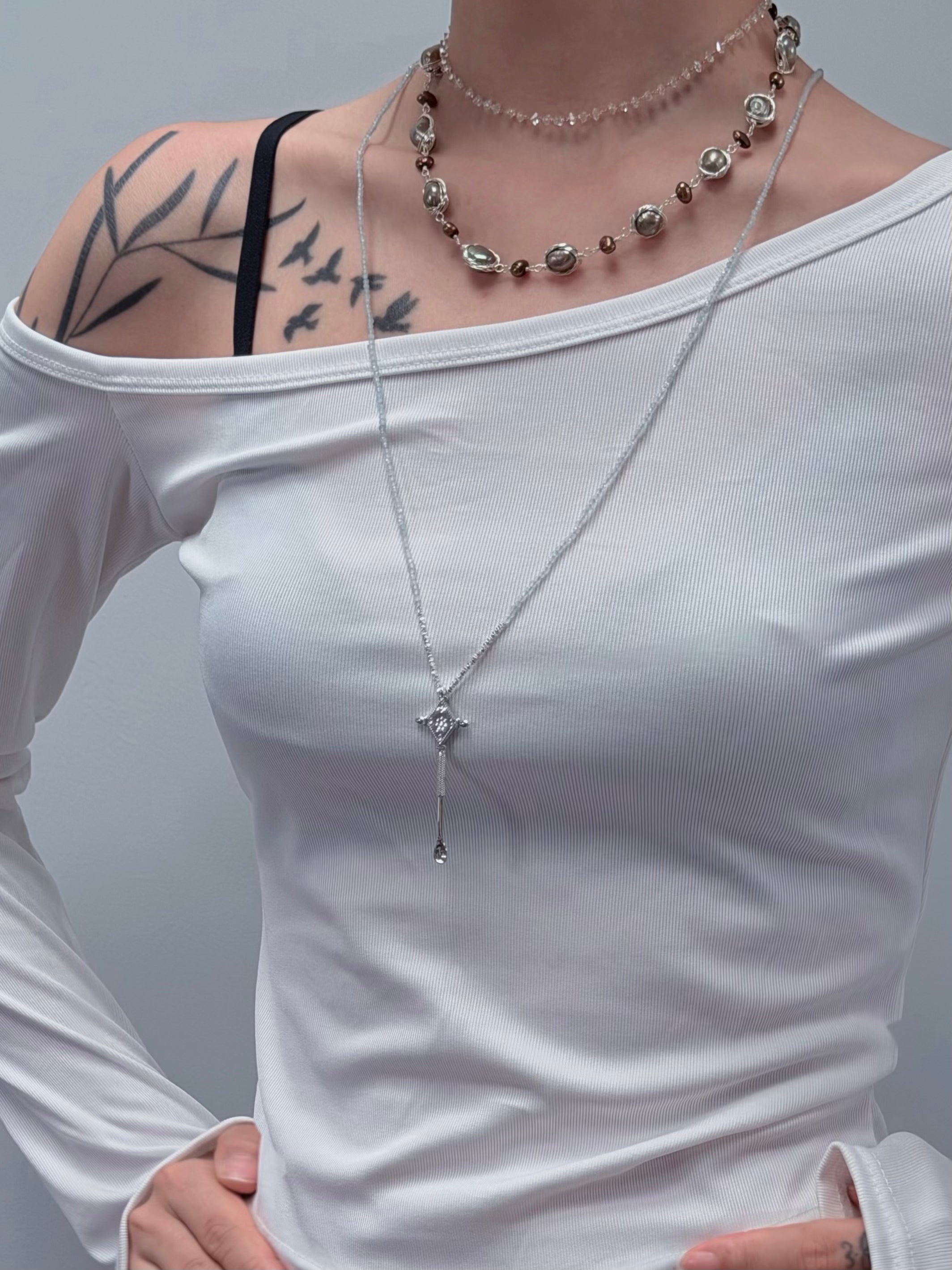 TT original-necklace-Black and silver long layered necklace | Vintage luxury long chain necklace | Natural crystal | Semi-transparent gray beads | Diamond-shaped pendant