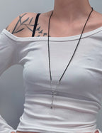 TT original-necklace-Black and silver long layered necklace | Vintage luxury long chain necklace | Natural crystal | Semi-transparent gray beads | Diamond-shaped pendant