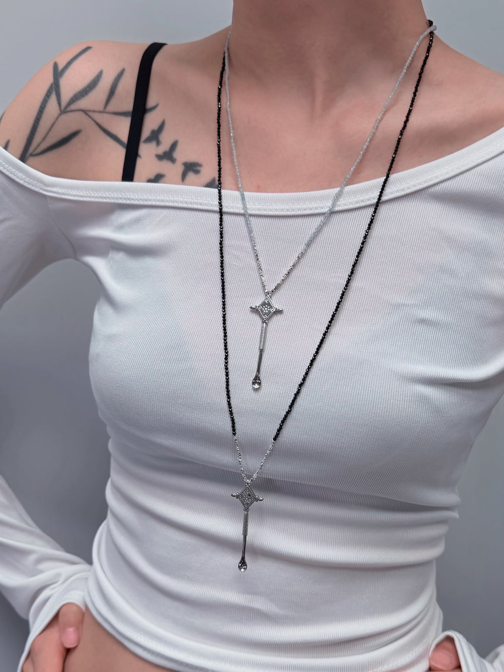 TT original-necklace-Black and silver long layered necklace | Vintage luxury long chain necklace | Natural crystal | Semi-transparent gray beads | Diamond-shaped pendant