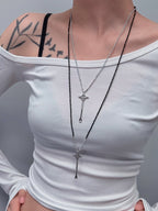 TT original-necklace-Black and silver long layered necklace | Vintage luxury long chain necklace | Natural crystal | Semi-transparent gray beads | Diamond-shaped pendant