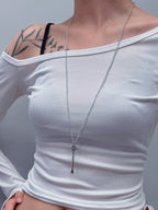 TT original-necklace-Black and silver long layered necklace | Vintage luxury long chain necklace | Natural crystal | Semi-transparent gray beads | Diamond-shaped pendant