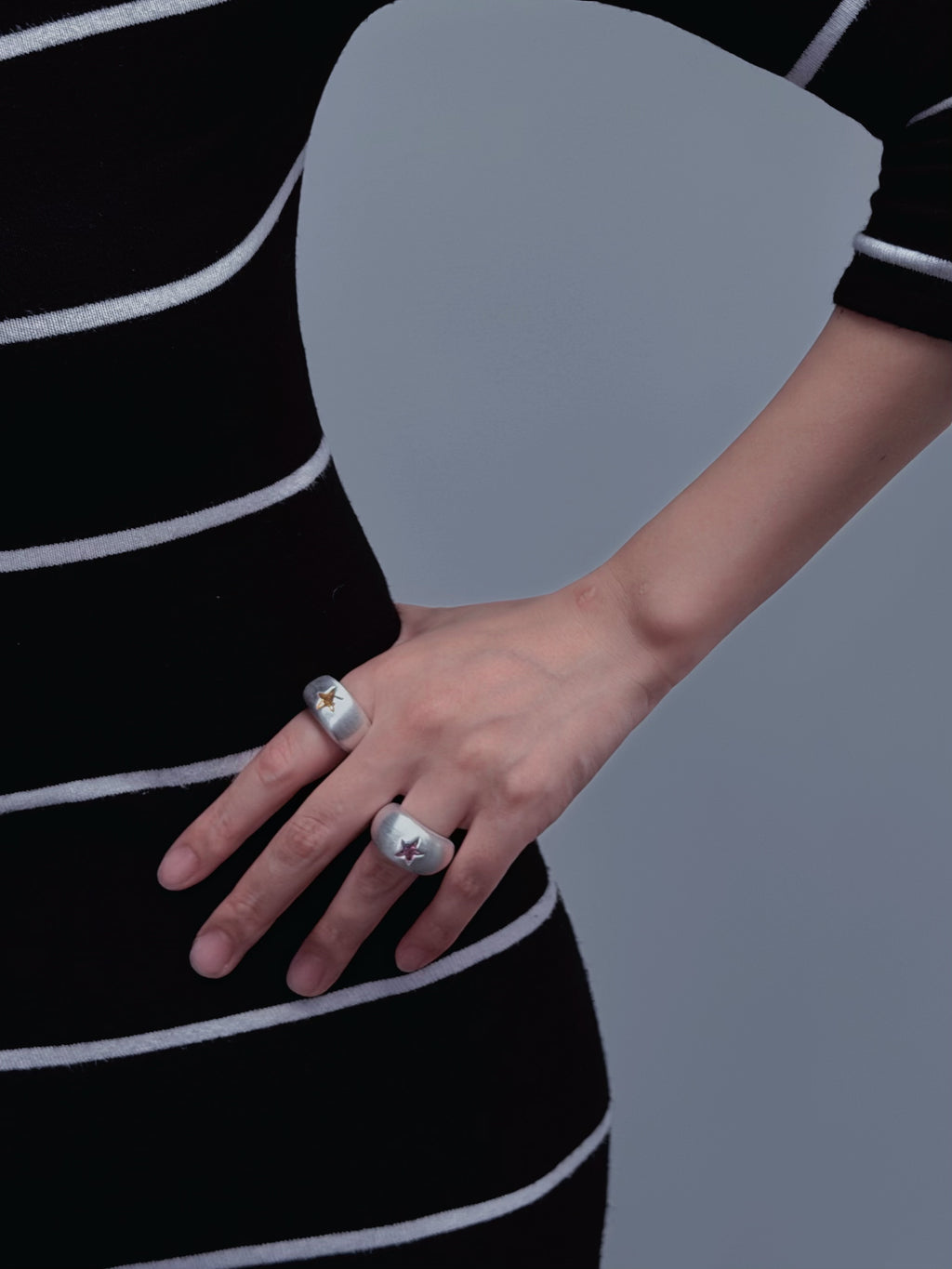 TT original-ring-Vintage half-moon open ring | Handmade feel | Matte brushed silver ring | Five-pointed star ring | Unique wide ring