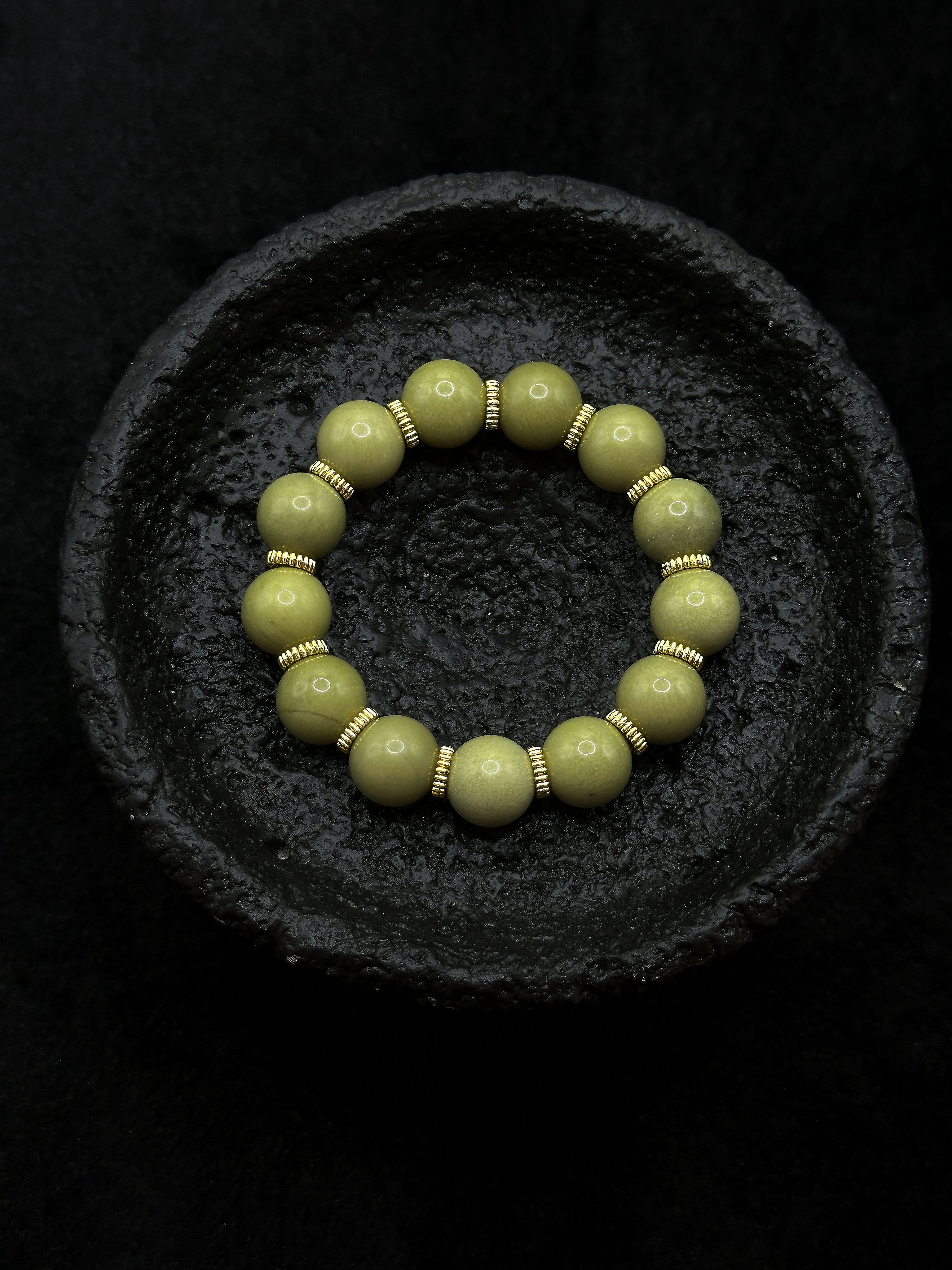 TT original-bracelet-12mm Alashan Stone Bracelet | Elastic Bracelet Without Buckle | Olive Green Beads + Gold Spacer Beads | Unisex Natural Stone Bracelet