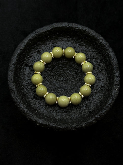 TT original-bracelet-12mm Alashan Stone Bracelet | Elastic Bracelet Without Buckle | Olive Green Beads + Gold Spacer Beads | Unisex Natural Stone Bracelet