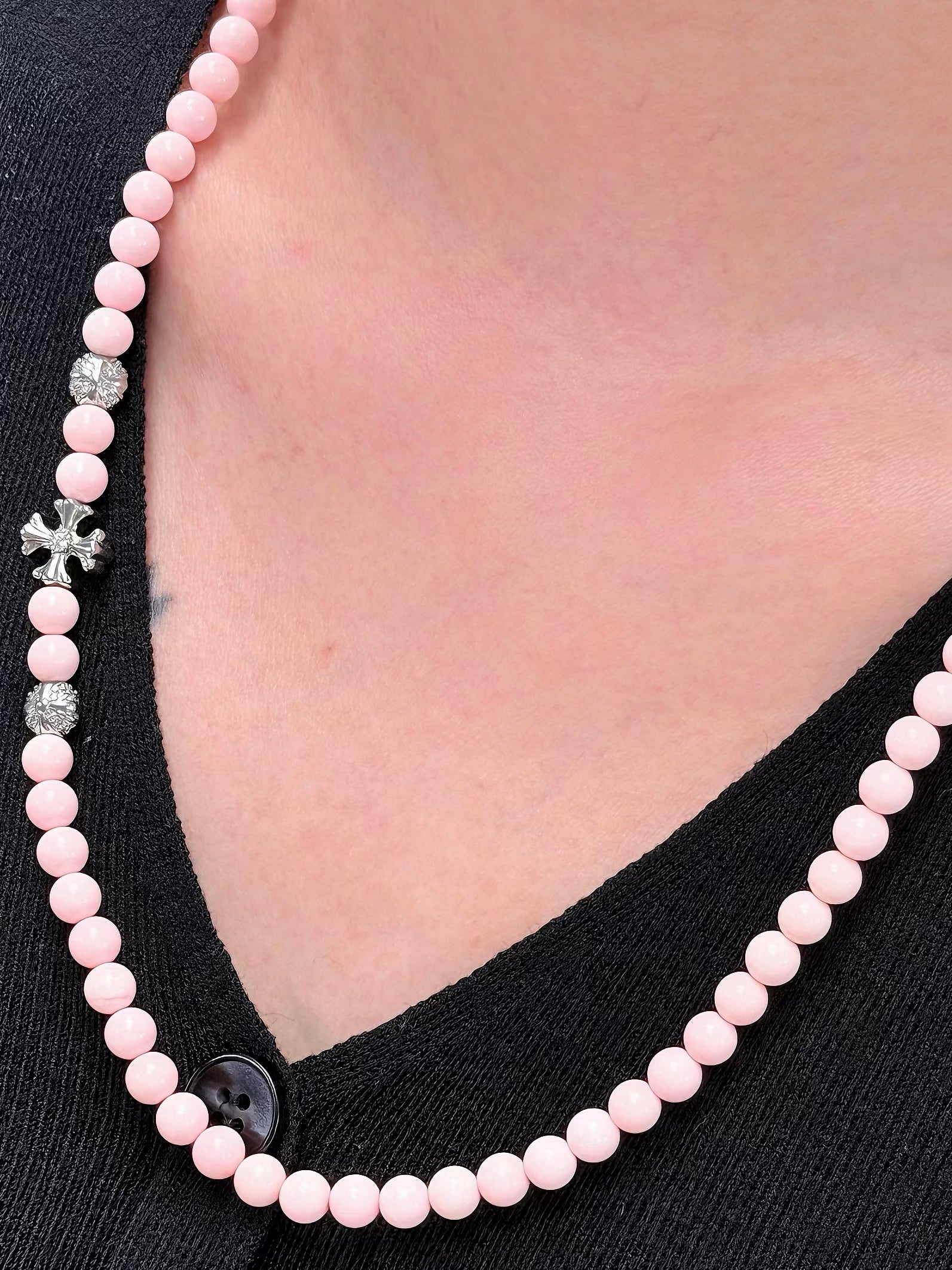 TT original-necklace-Pink round natural stone bead necklace | Vintage carved spacer bead necklace | Coral pink | Luxurious and flattering | Multiple ways to wear | Cross accessory