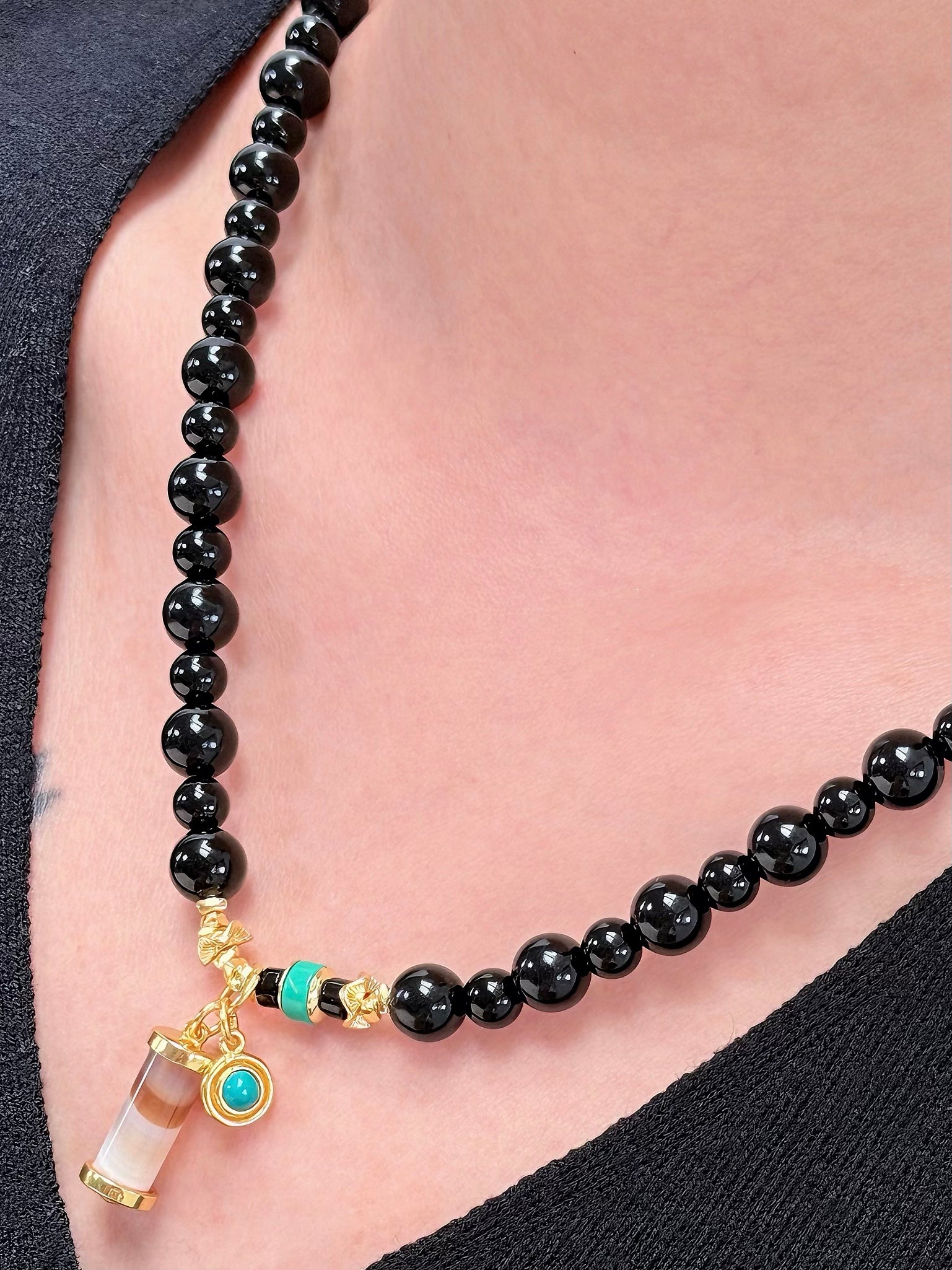 TT original-necklace-Natural Black Agate Necklace | Handmade Eclectic Style | Niche Design Black Choker | Bohemian Vintage Style | Black Bead Necklace | Everyday Versatile, Wear Multiple Styles