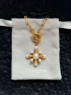 TT original-necklace-French vintage pearl cross necklace | OT clasp design | Sweet and cool pearl necklace | Medieval vintage style | Hepburn style pearl necklace