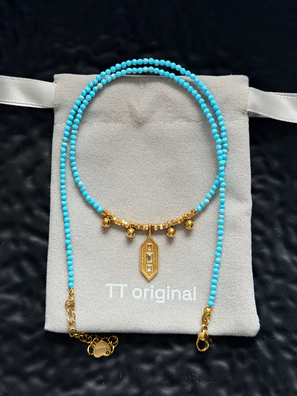 TT original-necklace-Simple turquoise blue beaded choker | Exquisite gold geometric pendant necklace | Adjustable women's vacation essential | Stackable choker