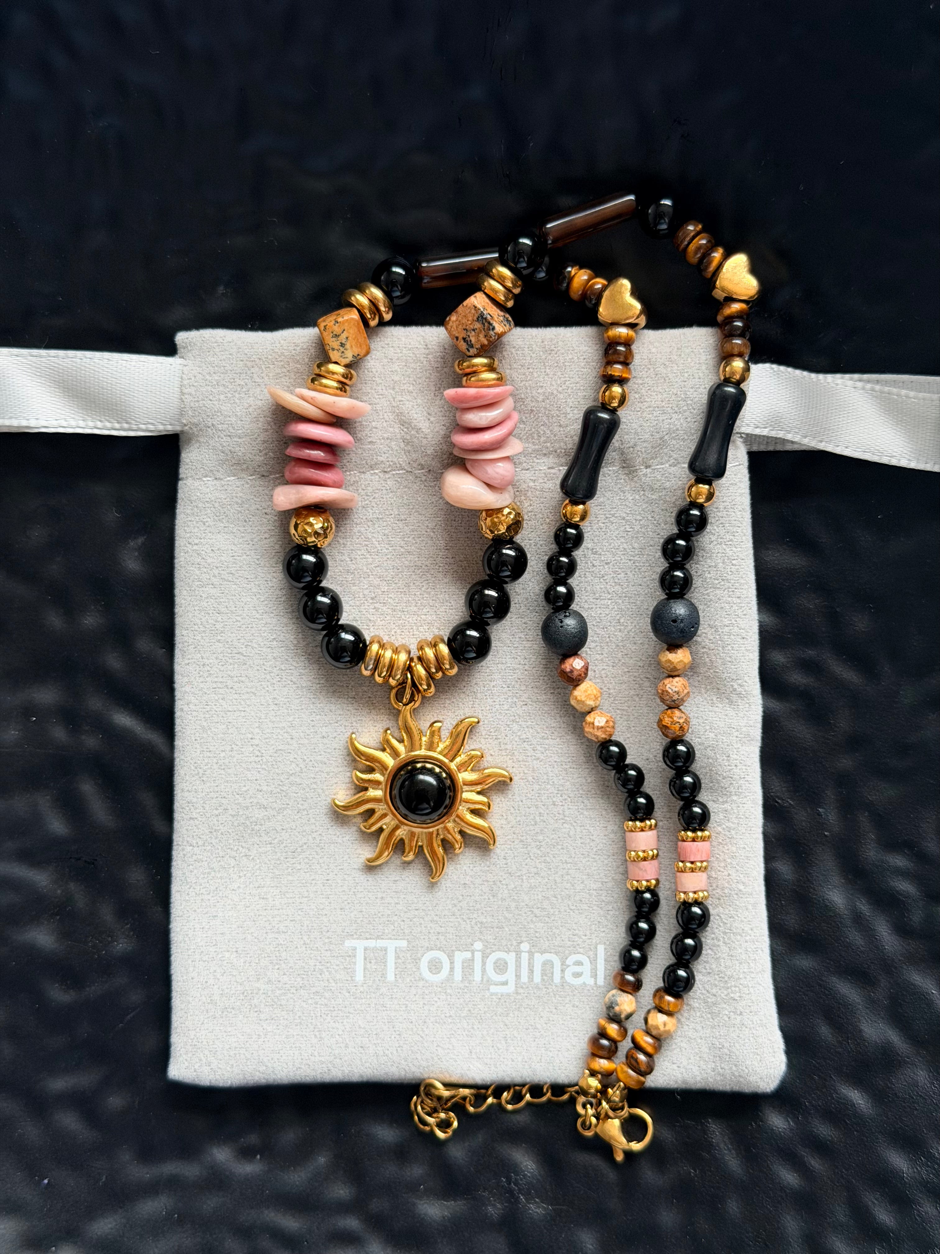 TT original-necklace-Bohemian-style gold sun motif pendant | Multi-colored beaded necklace | Unique pink natural gemstone necklace