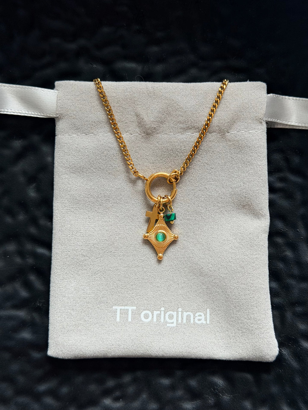 TT original-necklace-Green vintage French necklace | Sunburst cross pendant | Gift of faith | Layered necklaces with an atmospheric feel