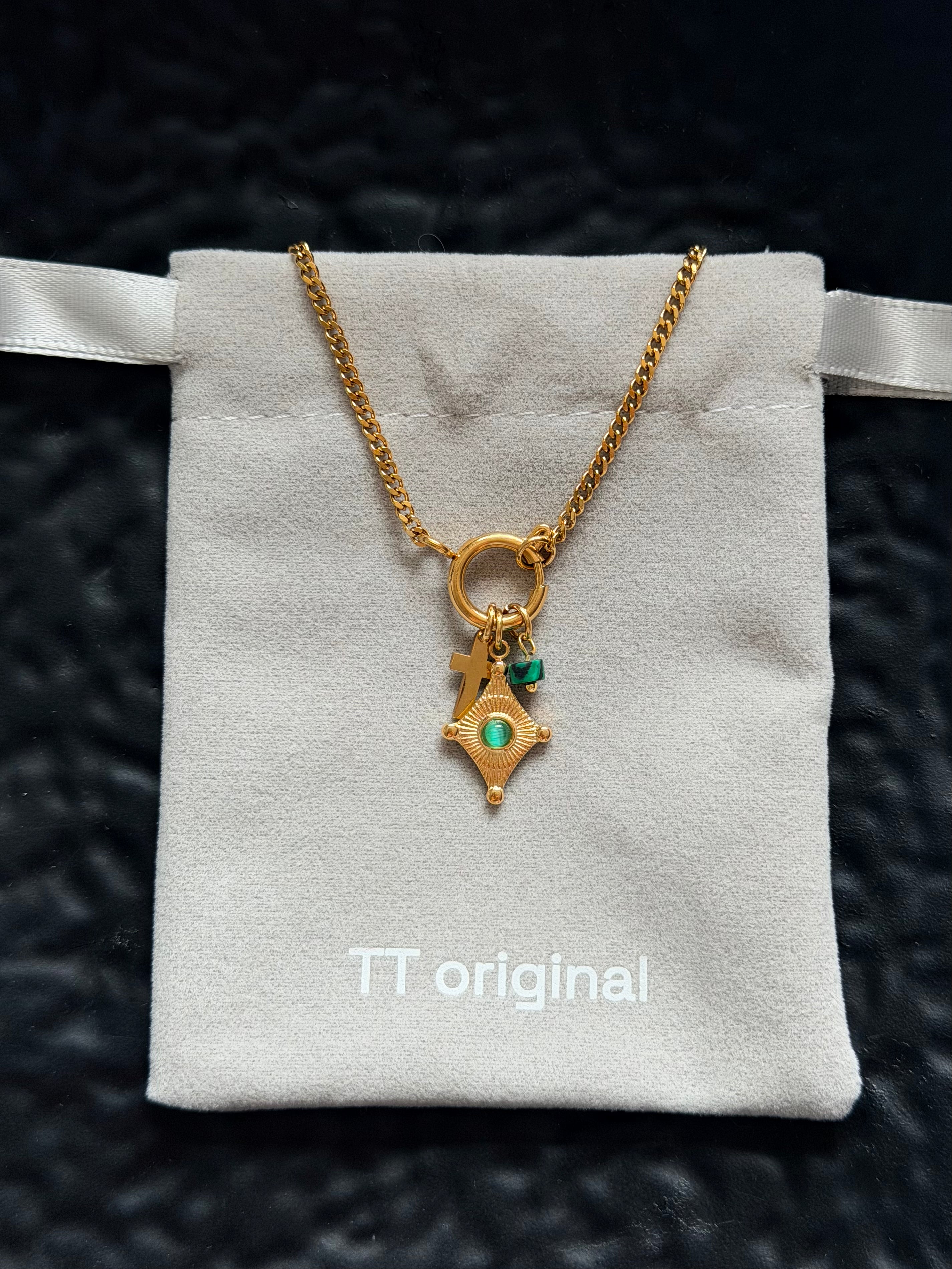 TT original-necklace-Green vintage French necklace | Sunburst cross pendant | Gift of faith | Layered necklaces with an atmospheric feel