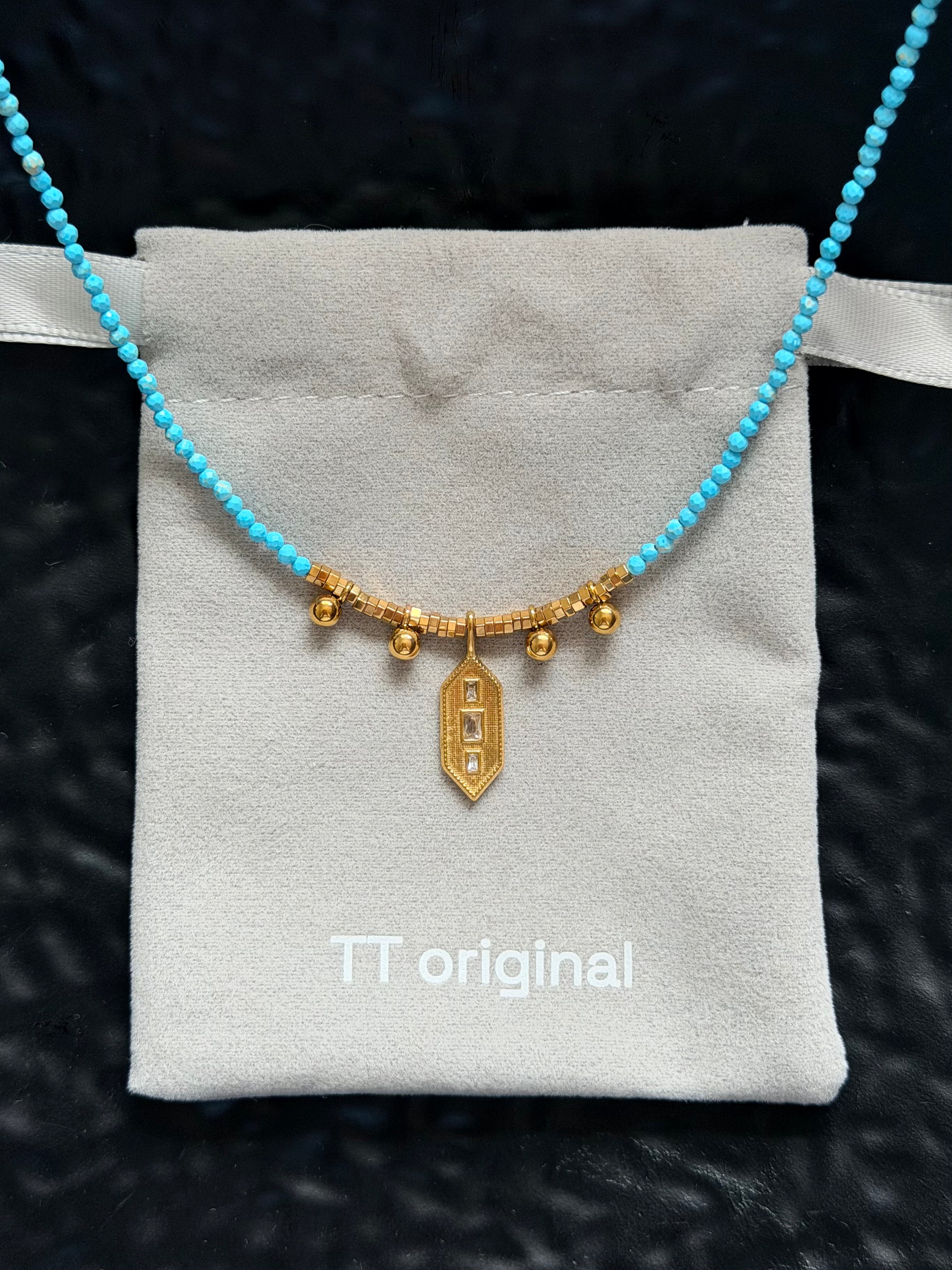 TT original-necklace-Simple turquoise blue beaded choker | Exquisite gold geometric pendant necklace | Adjustable women's vacation essential | Stackable choker