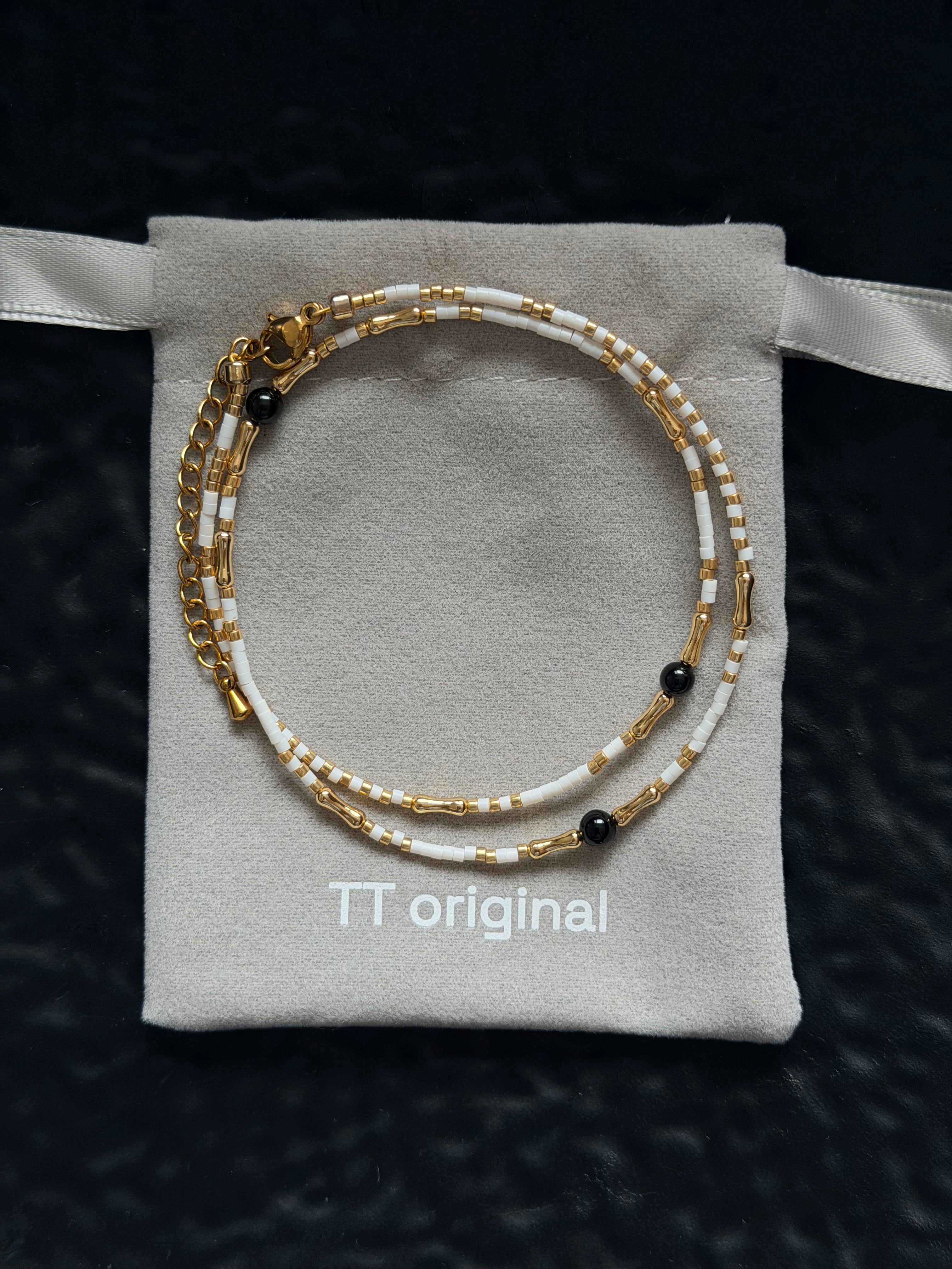 TT original-Bracelet-Handmade Minimal Beaded Necklace for Women | Gold & White Seed Beads Choker | Dainty Adjustable Layering Necklace Jewelry