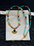 TT original-necklace-Unique and exquisite blue-green beaded necklace | Gold fan-shaped and crescent-shaped pendant | Summer beachwear | Tribal-style necklace