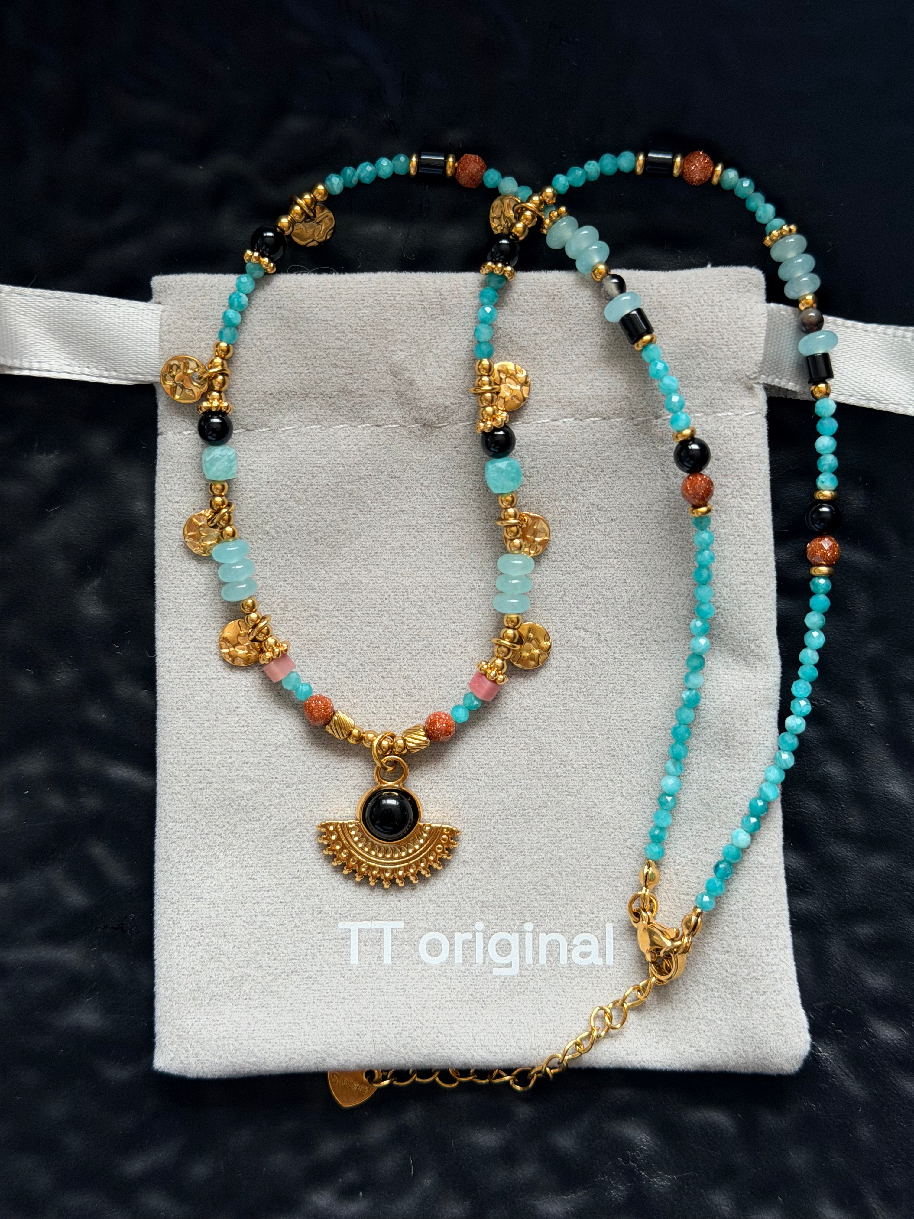 TT original-necklace-Unique and exquisite blue-green beaded necklace | Gold fan-shaped and crescent-shaped pendant | Summer beachwear | Tribal-style necklace