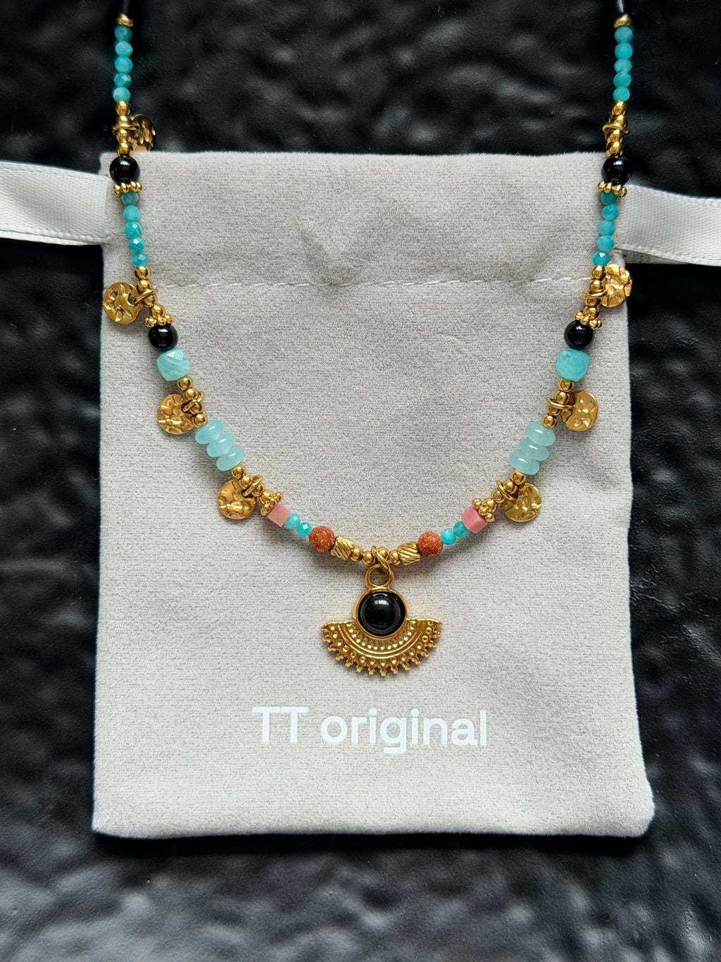 TT original-necklace-Unique and exquisite blue-green beaded necklace | Gold fan-shaped and crescent-shaped pendant | Summer beachwear | Tribal-style necklace