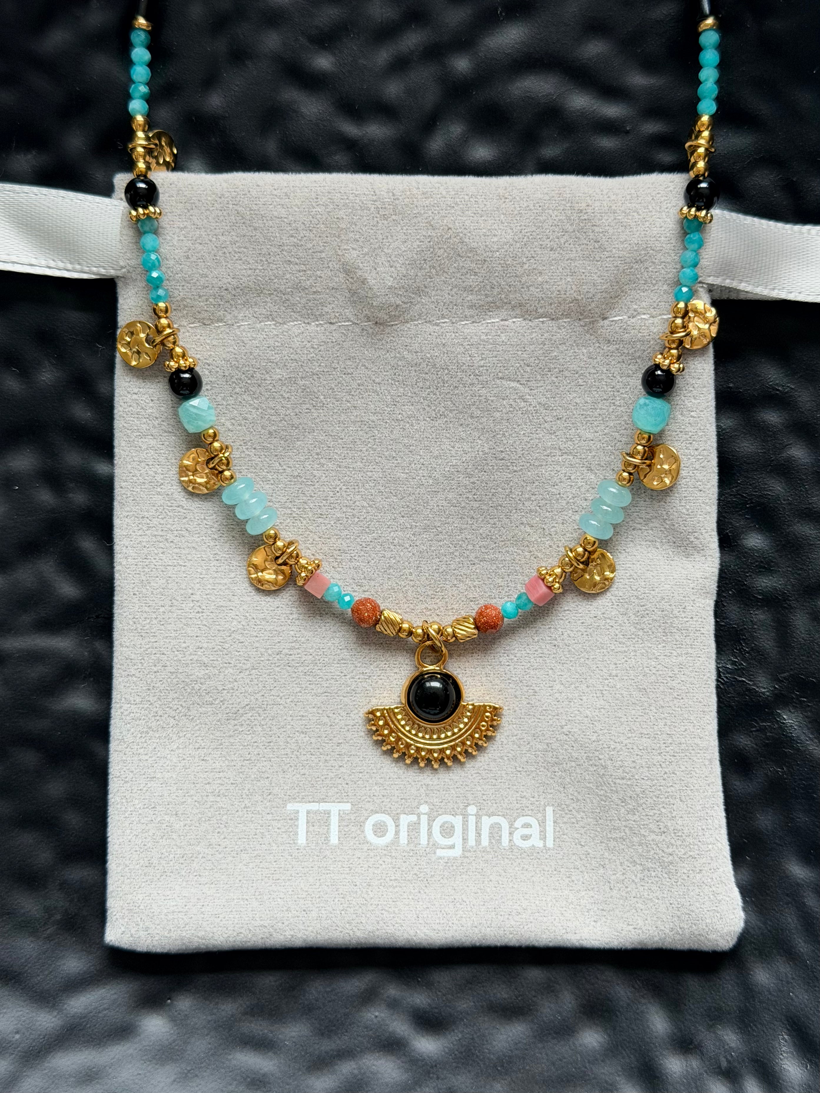 TT original-necklace-Unique and exquisite blue-green beaded necklace | Gold fan-shaped and crescent-shaped pendant | Summer beachwear | Tribal-style necklace