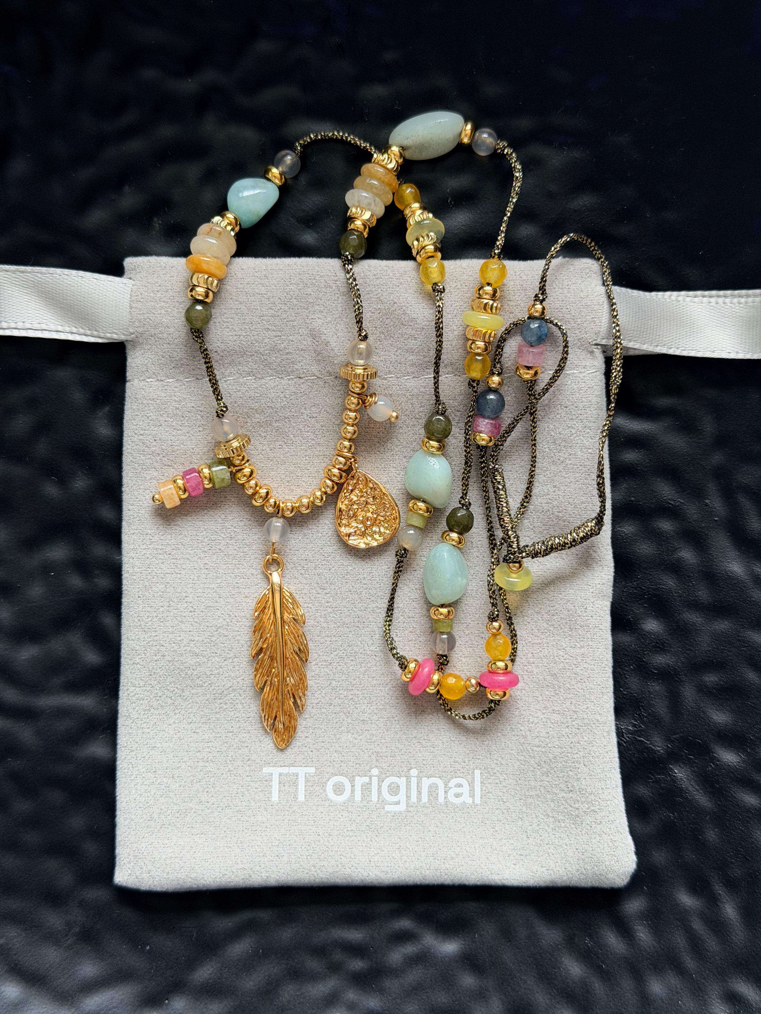 TT original-necklace-Bohemian Gold Feather Long Necklace | Vacation Ethnic Style | Casual Denim Outfit | Handmade Knitting | Niche Beaded Jewelry | Music Festival Outfit