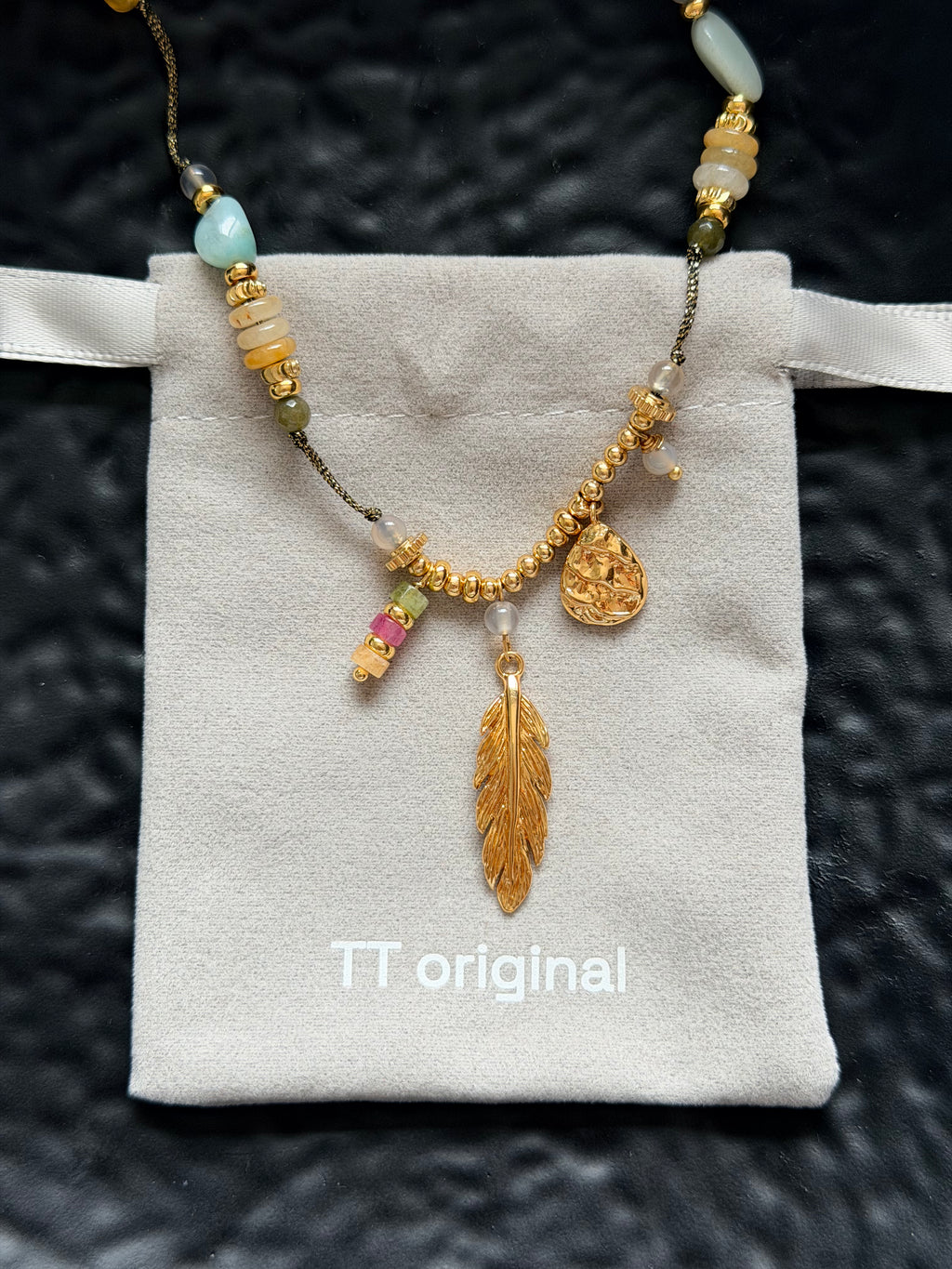 TT original-necklace-Bohemian Gold Feather Long Necklace | Vacation Ethnic Style | Casual Denim Outfit | Handmade Knitting | Niche Beaded Jewelry | Music Festival Outfit
