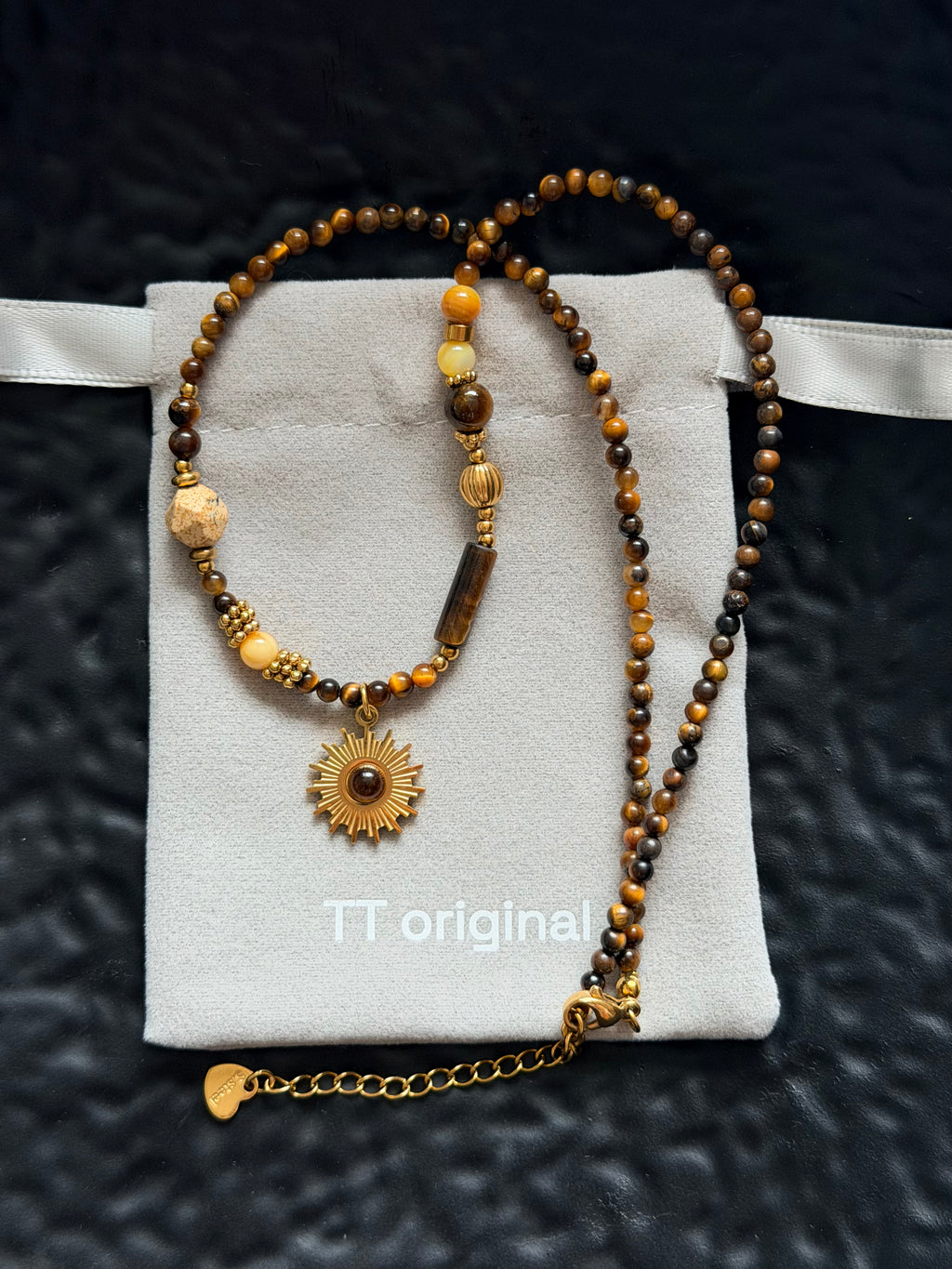 TT original-necklace-Earth-toned natural tiger's eye necklace | Vintage beaded necklace | Energy stone with sun pendant | Handmade natural gemstone Bohemian style