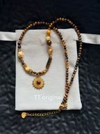 TT original-necklace-Earth-toned natural tiger's eye necklace | Vintage beaded necklace | Energy stone with sun pendant | Handmade natural gemstone Bohemian style