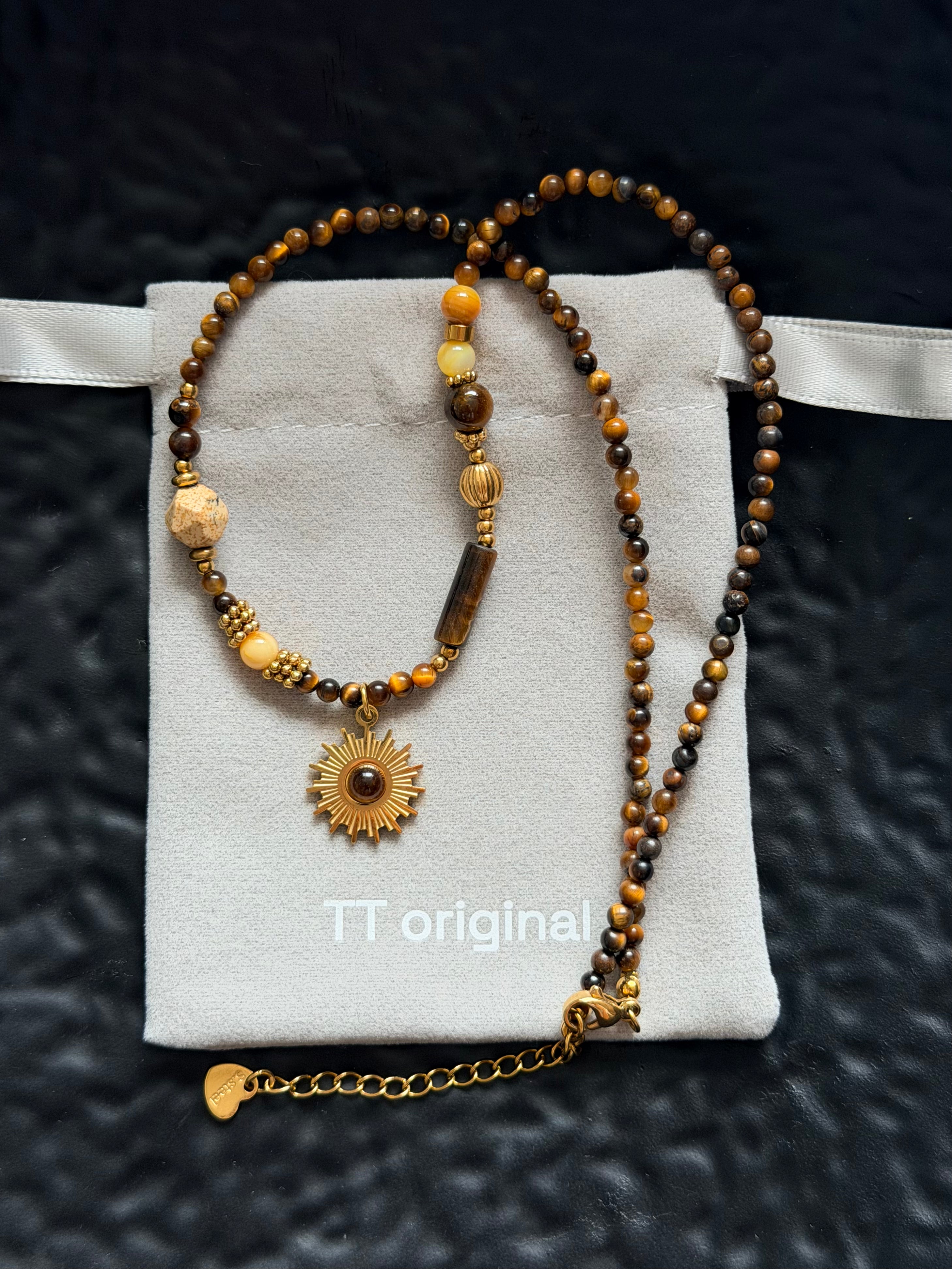 TT original-necklace-Earth-toned natural tiger's eye necklace | Vintage beaded necklace | Energy stone with sun pendant | Handmade natural gemstone Bohemian style
