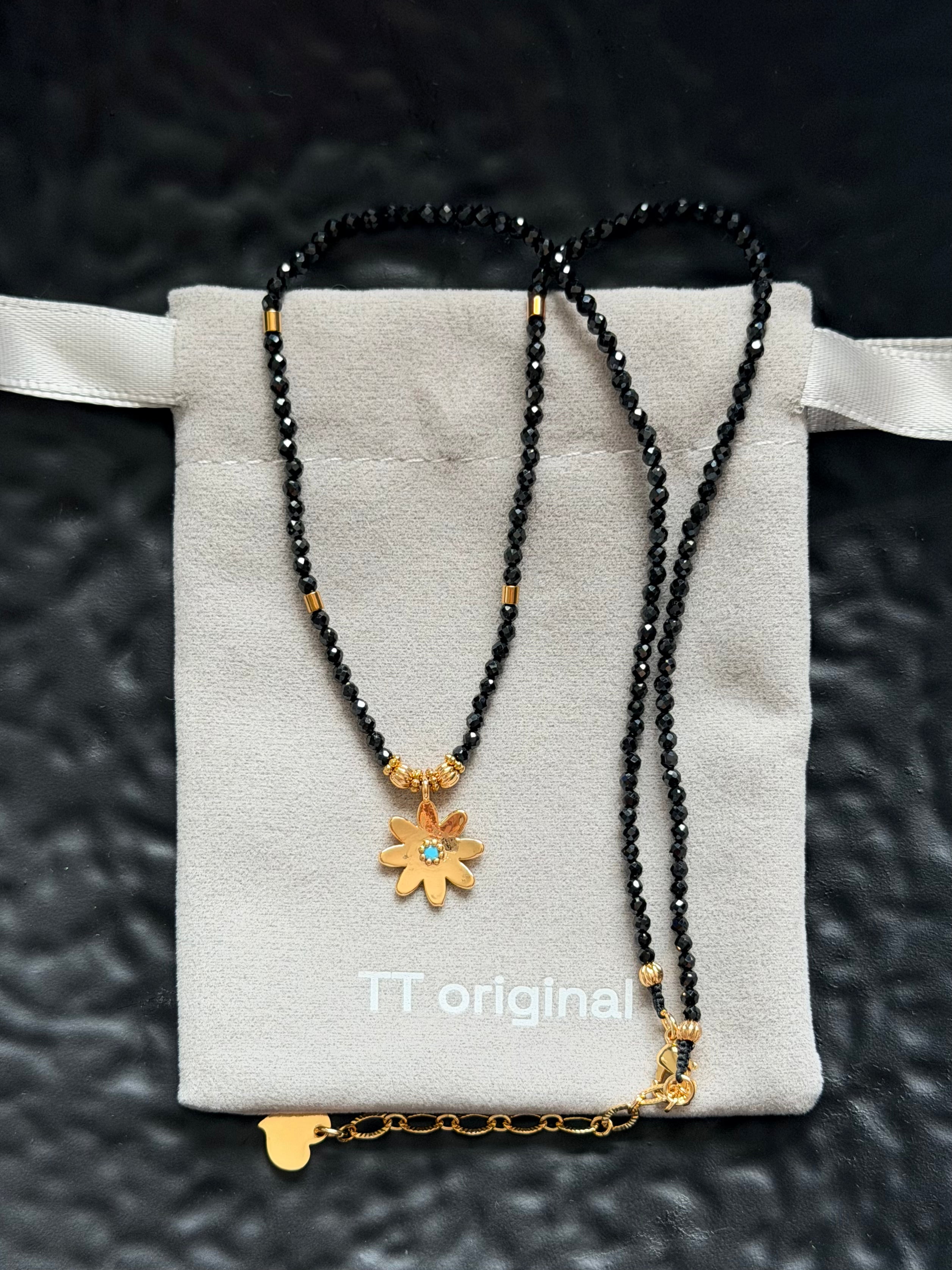TT original-necklace-Black spinel beaded necklace with gold flowers | Bohemian style choker pendant | Stackable