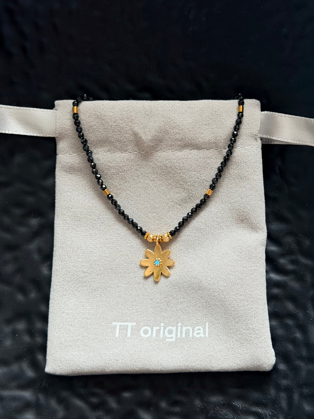 TT original-necklace-Black spinel beaded necklace with gold flowers | Bohemian style choker pendant | Stackable