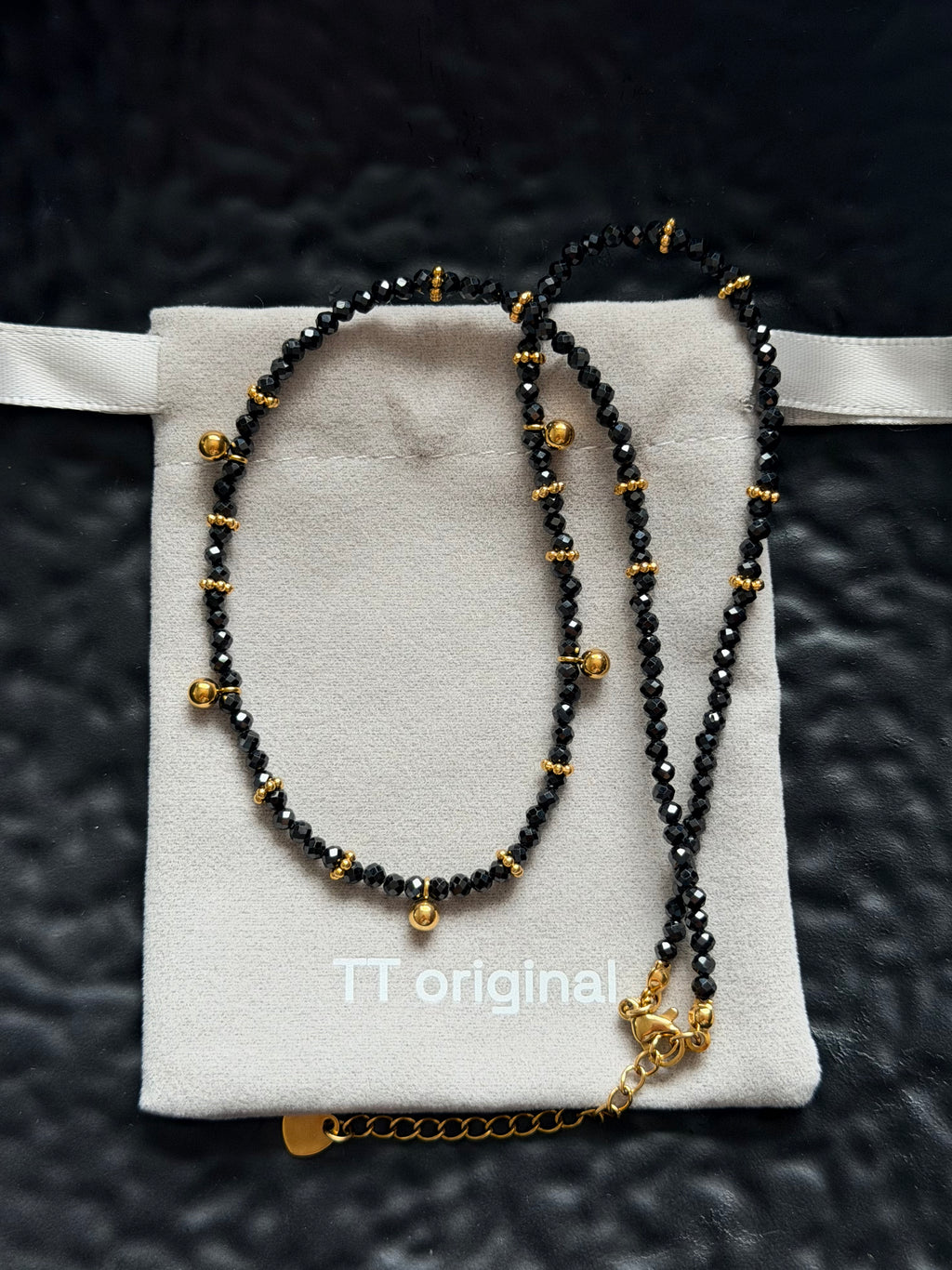 TT original-necklace-Black beaded necklace and bracelet set | Stacked necklace set | French handmade vintage jewelry | Bohemian style black beaded set