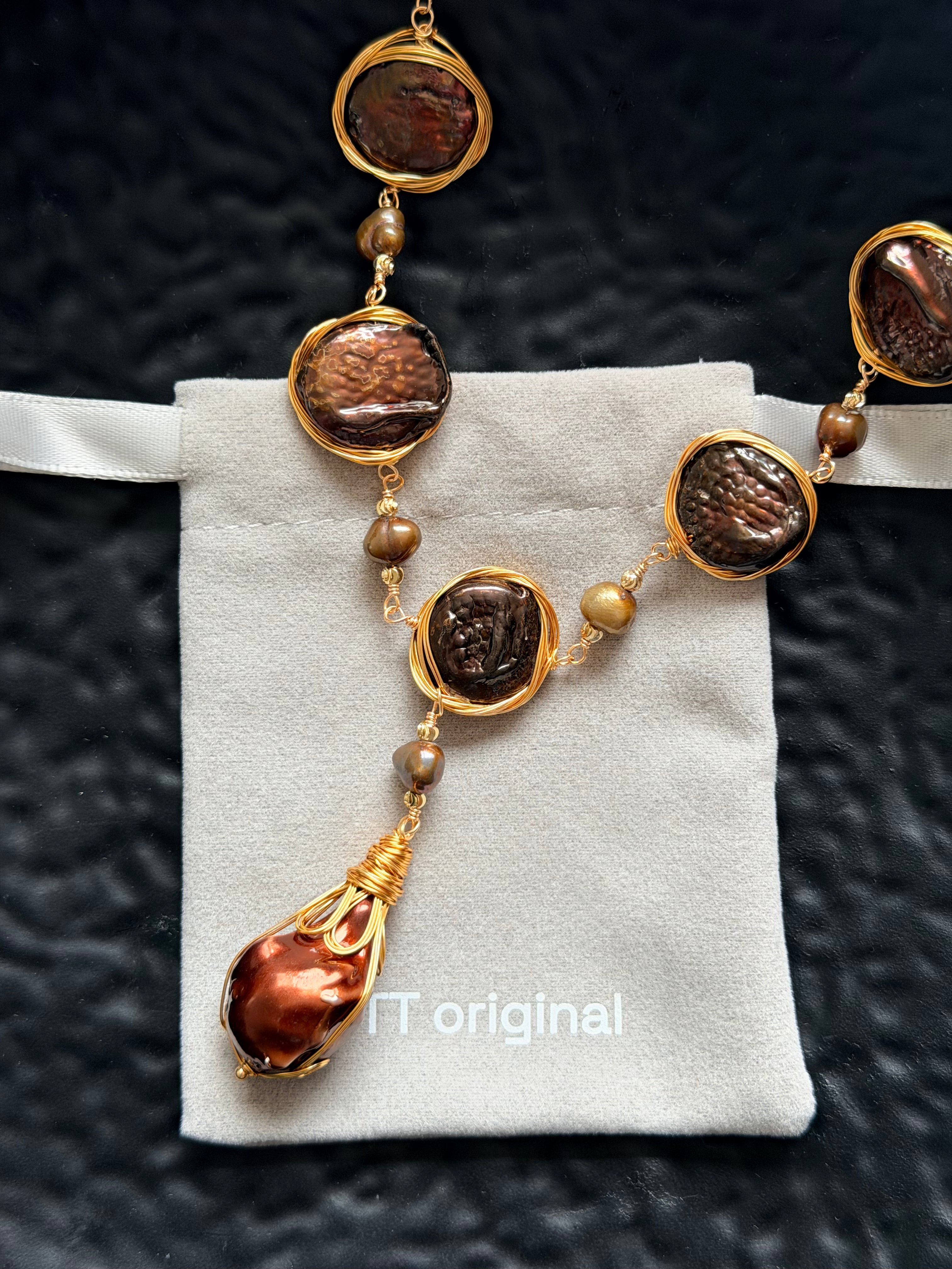 TT original-necklace-Vintage chocolate brown Baroque pearl teardrop necklace | Bohemian Y-shaped necklace | Niche handmade layered sweater chain | Glamorous jewelry for banquets