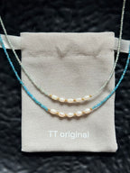 TT Original Necklace - Blue Crystal Seed Bead Pearl Necklace | Cute and Simple Beaded Necklace | Beach Vacation Style | Exquisite Layering | Crystal Necklace