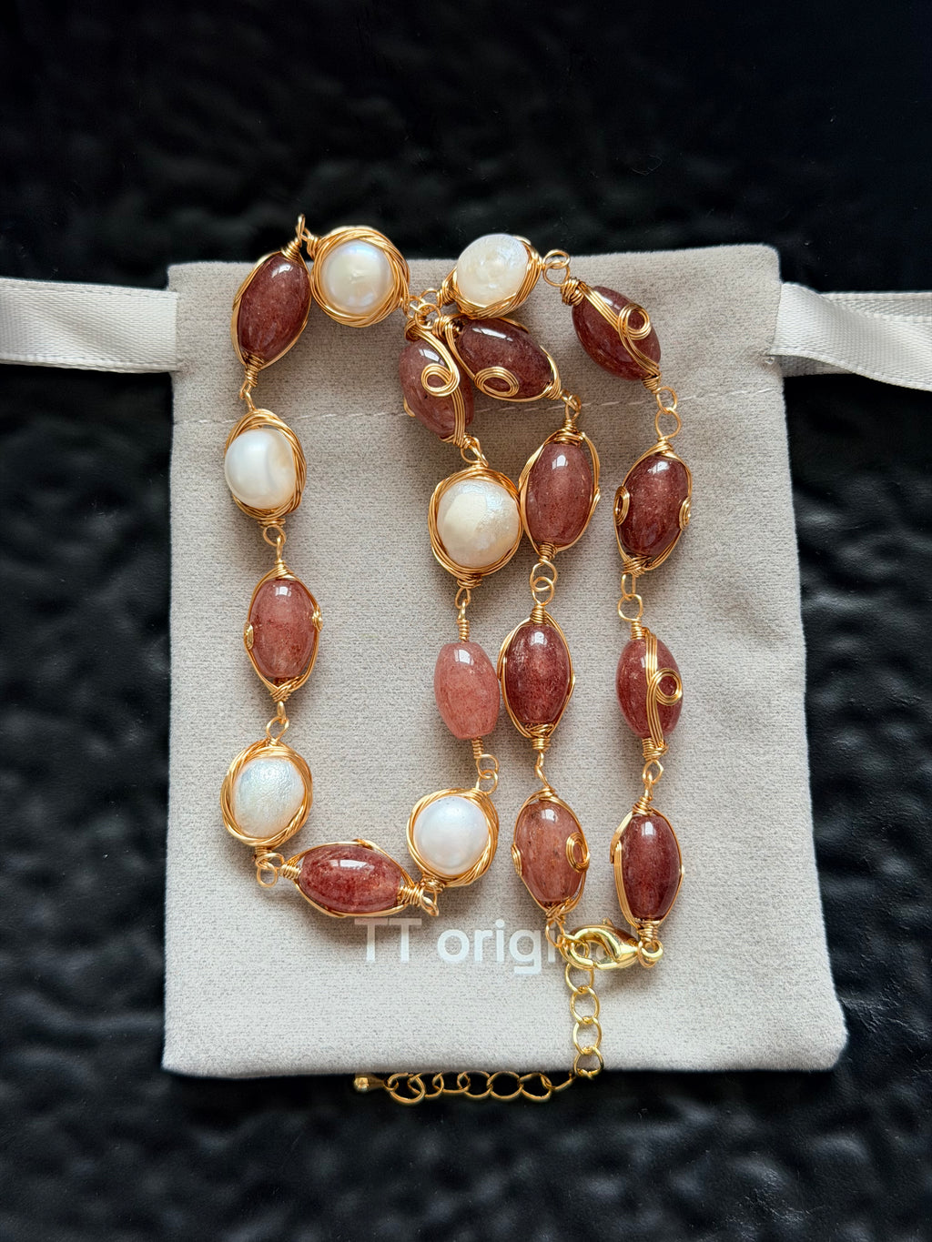 TT original-necklace-Two-tone beaded pearl necklace | Warm brown-red oval beads paired with gold wire-wrapped pearls | Women's style with extension chain