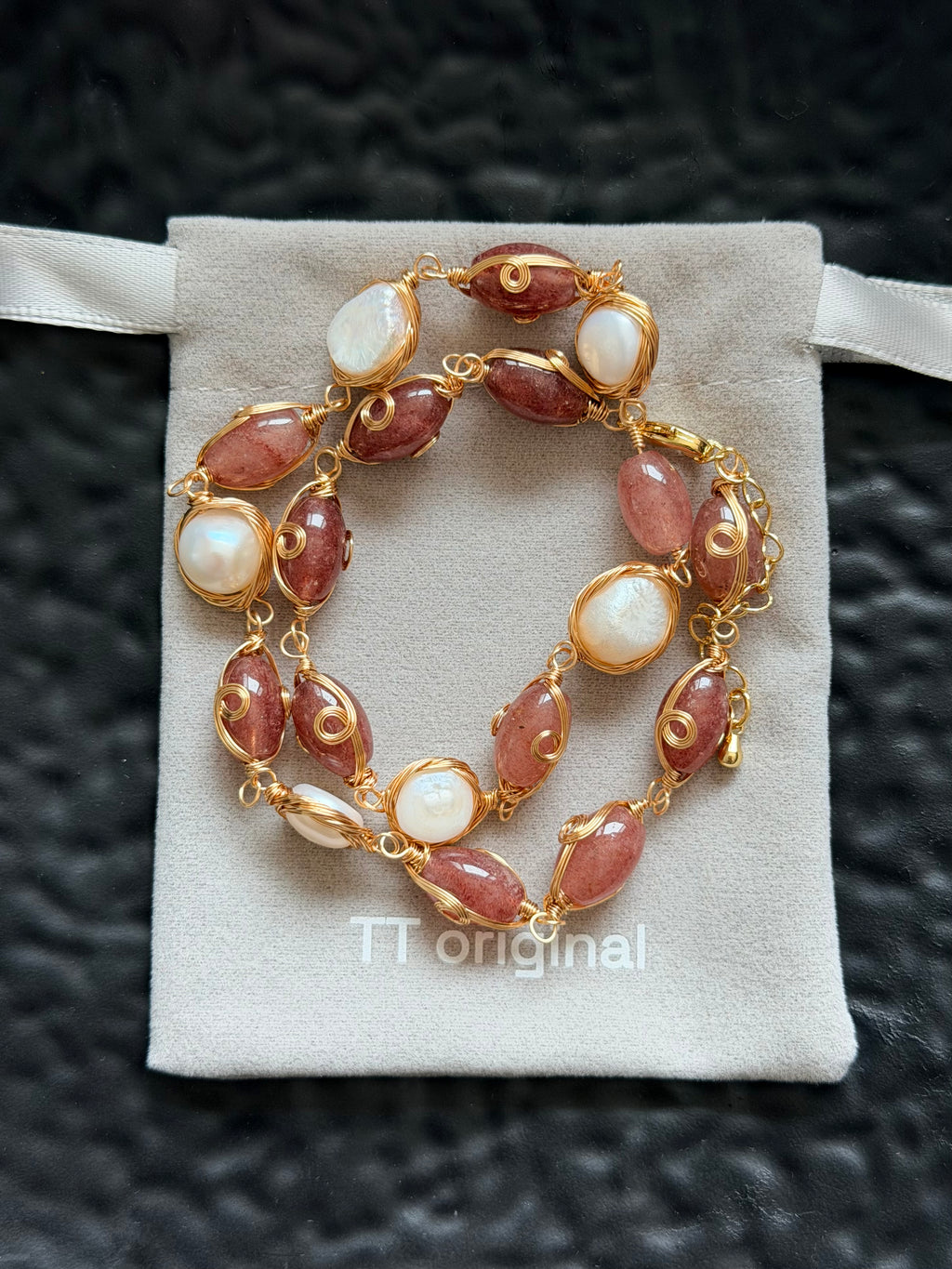 TT original-necklace-Two-tone beaded pearl necklace | Warm brown-red oval beads paired with gold wire-wrapped pearls | Women's style with extension chain