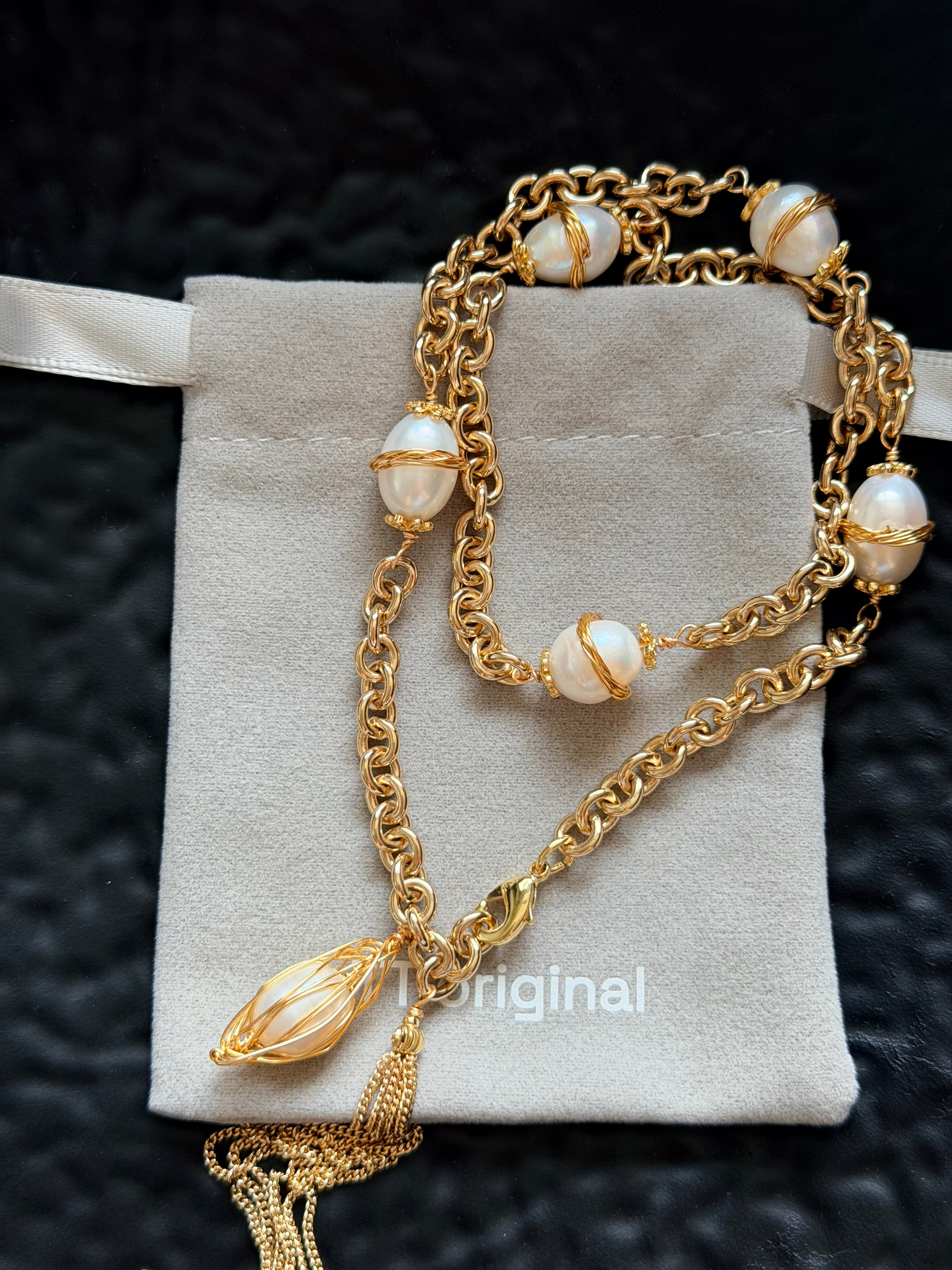 TT Original - necklace - Women's Gold Pearl Tassel Necklace | Vintage Exaggerated Chain Necklace | Handmade Jewelry Gift