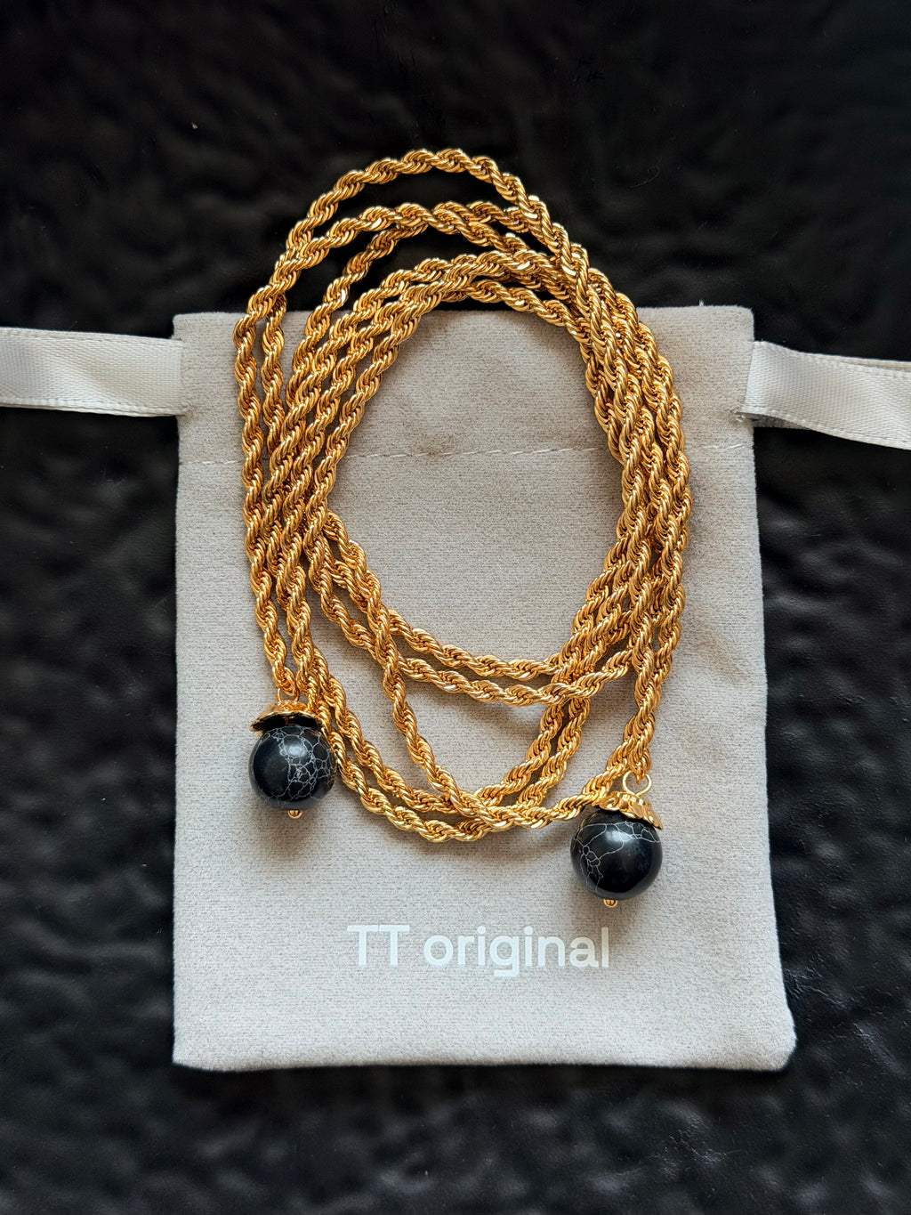 TT original-necklace-Understated luxury black and gold necklace | Gold braided long chain | Black gemstone tassel pendant | Stackable light luxury necklace