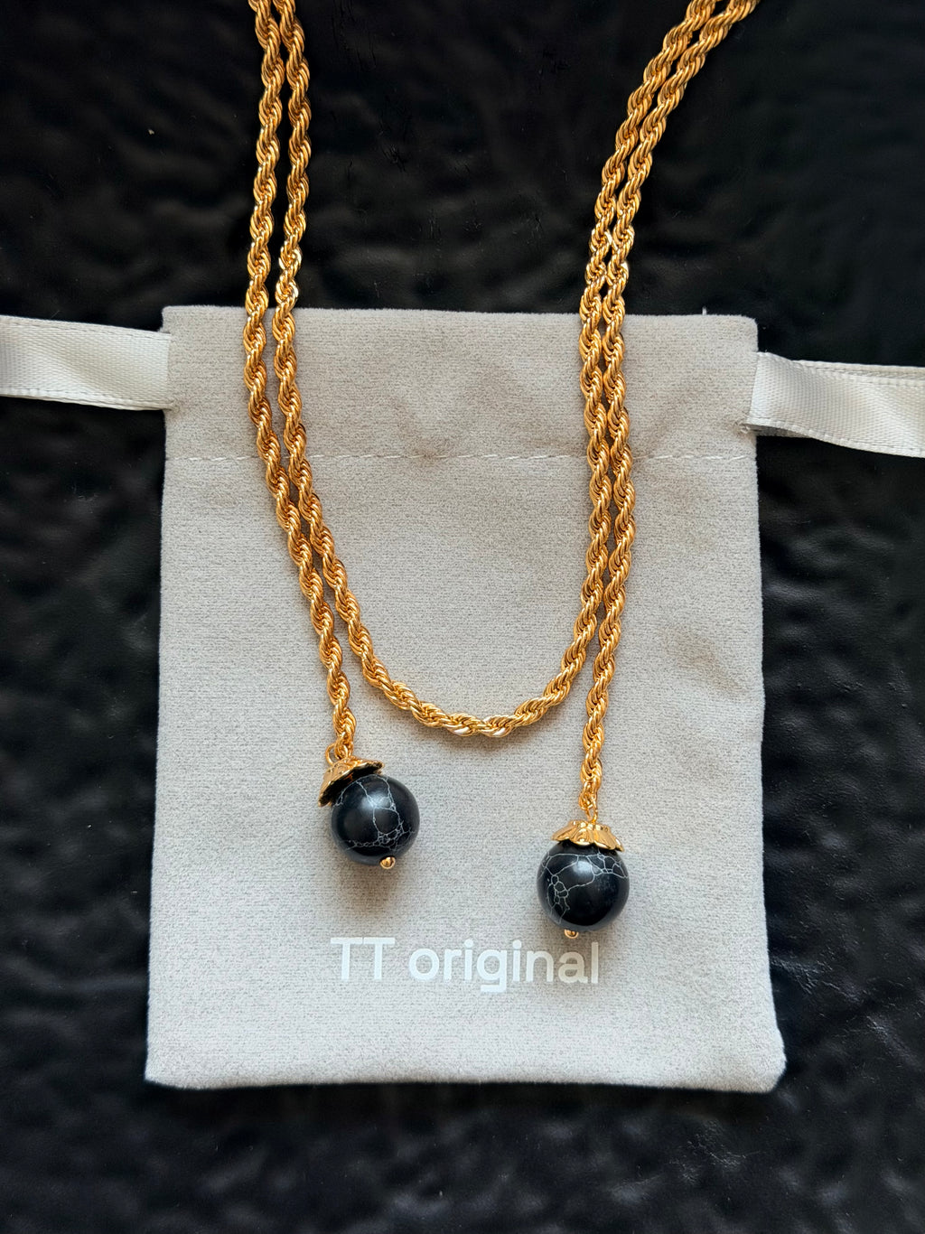 TT original-necklace-Understated luxury black and gold necklace | Gold braided long chain | Black gemstone tassel pendant | Stackable light luxury necklace
