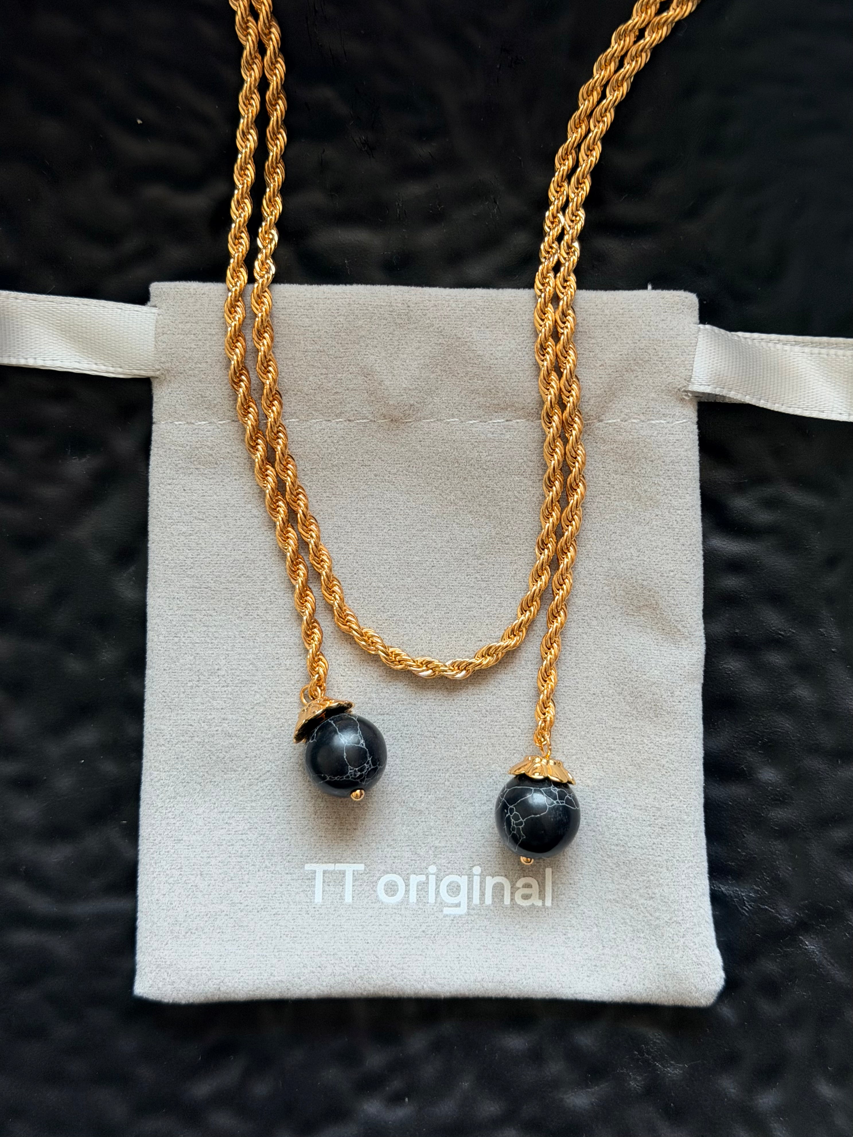 TT original-necklace-Understated luxury black and gold necklace | Gold braided long chain | Black gemstone tassel pendant | Stackable light luxury necklace