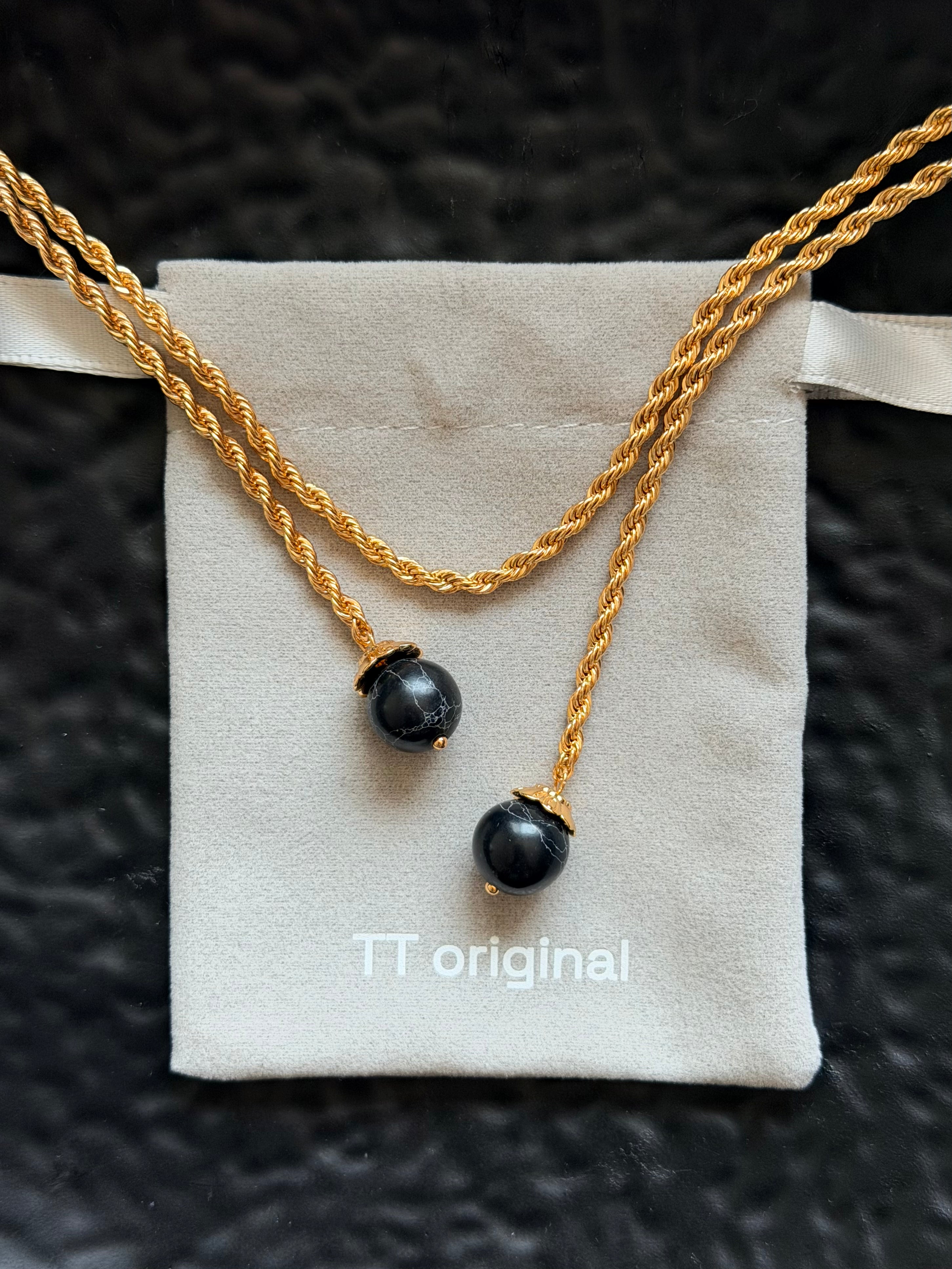 TT original-necklace-Understated luxury black and gold necklace | Gold braided long chain | Black gemstone tassel pendant | Stackable light luxury necklace