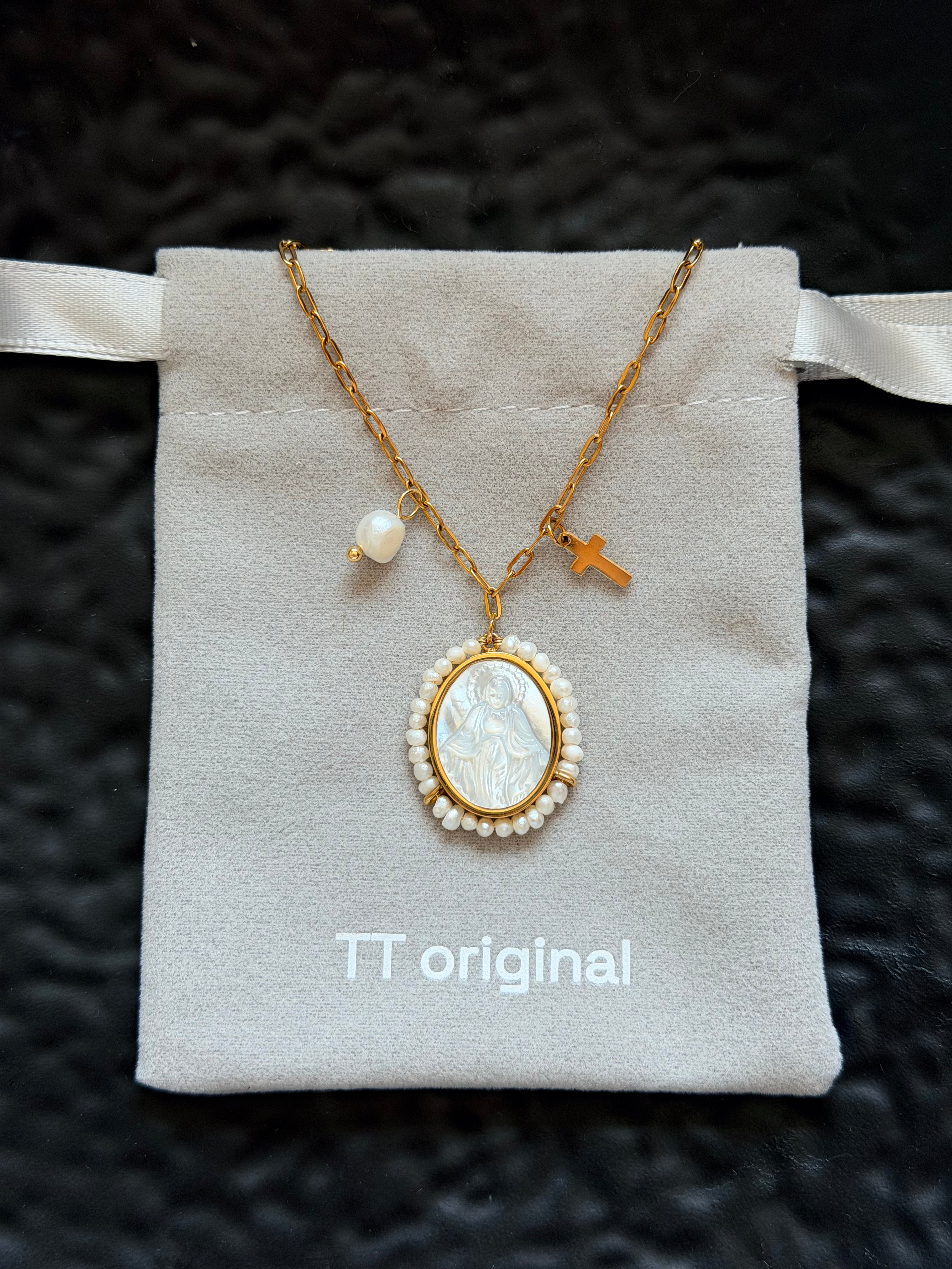 TT original-necklace-French Vintage Virgin Mary Medal Necklace | Victorian Style | Cross Pendant | Niche Design | Vintage Hong Kong Style High-End Jewelry