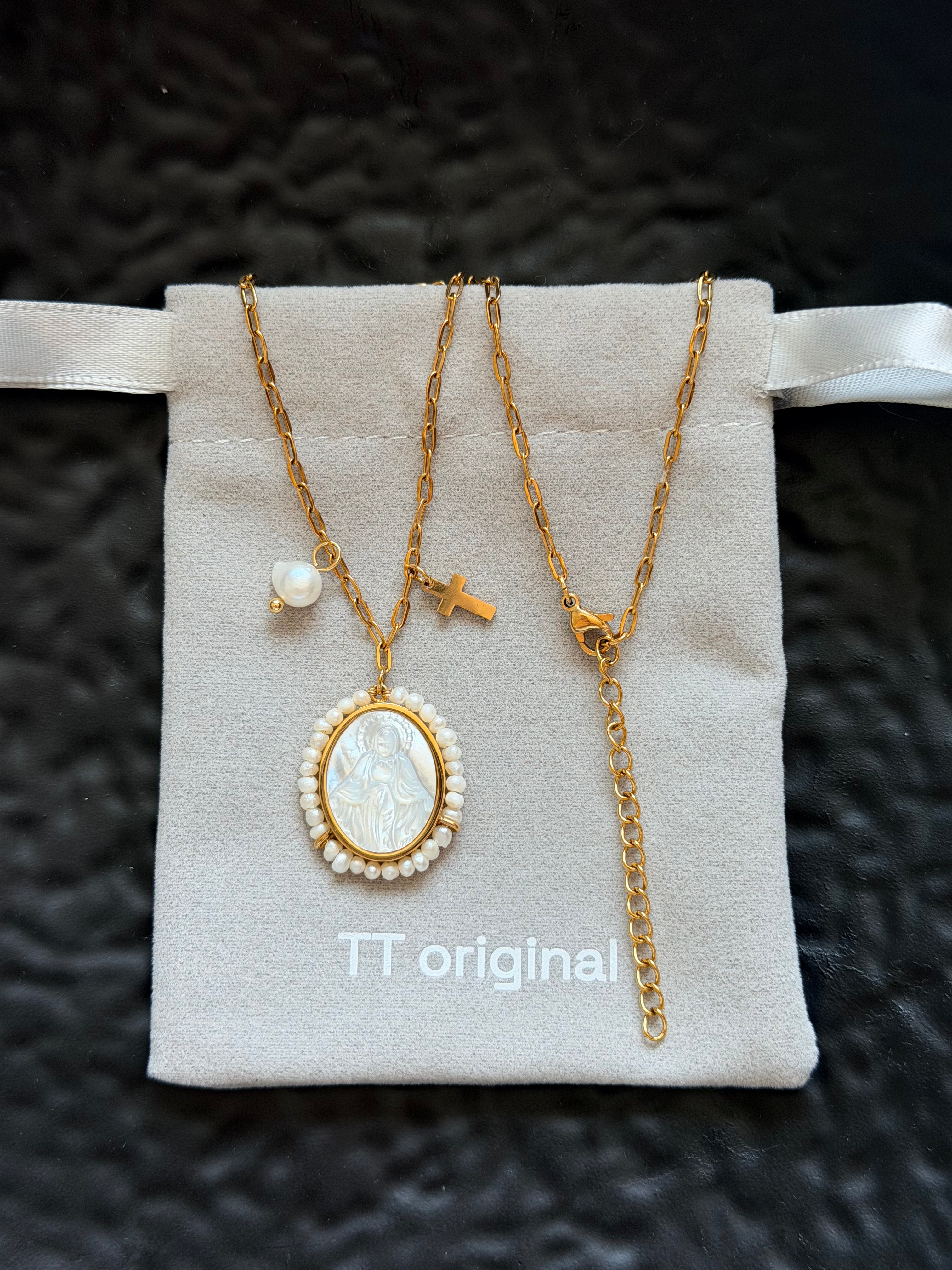 TT original-necklace-French Vintage Virgin Mary Medal Necklace | Victorian Style | Cross Pendant | Niche Design | Vintage Hong Kong Style High-End Jewelry