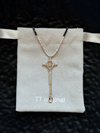 TT original-necklace-Black and silver long layered necklace | Vintage luxury long chain necklace | Natural crystal | Semi-transparent gray beads | Diamond-shaped pendant