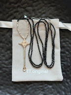 TT original-necklace-Black and silver long layered necklace | Vintage luxury long chain necklace | Natural crystal | Semi-transparent gray beads | Diamond-shaped pendant